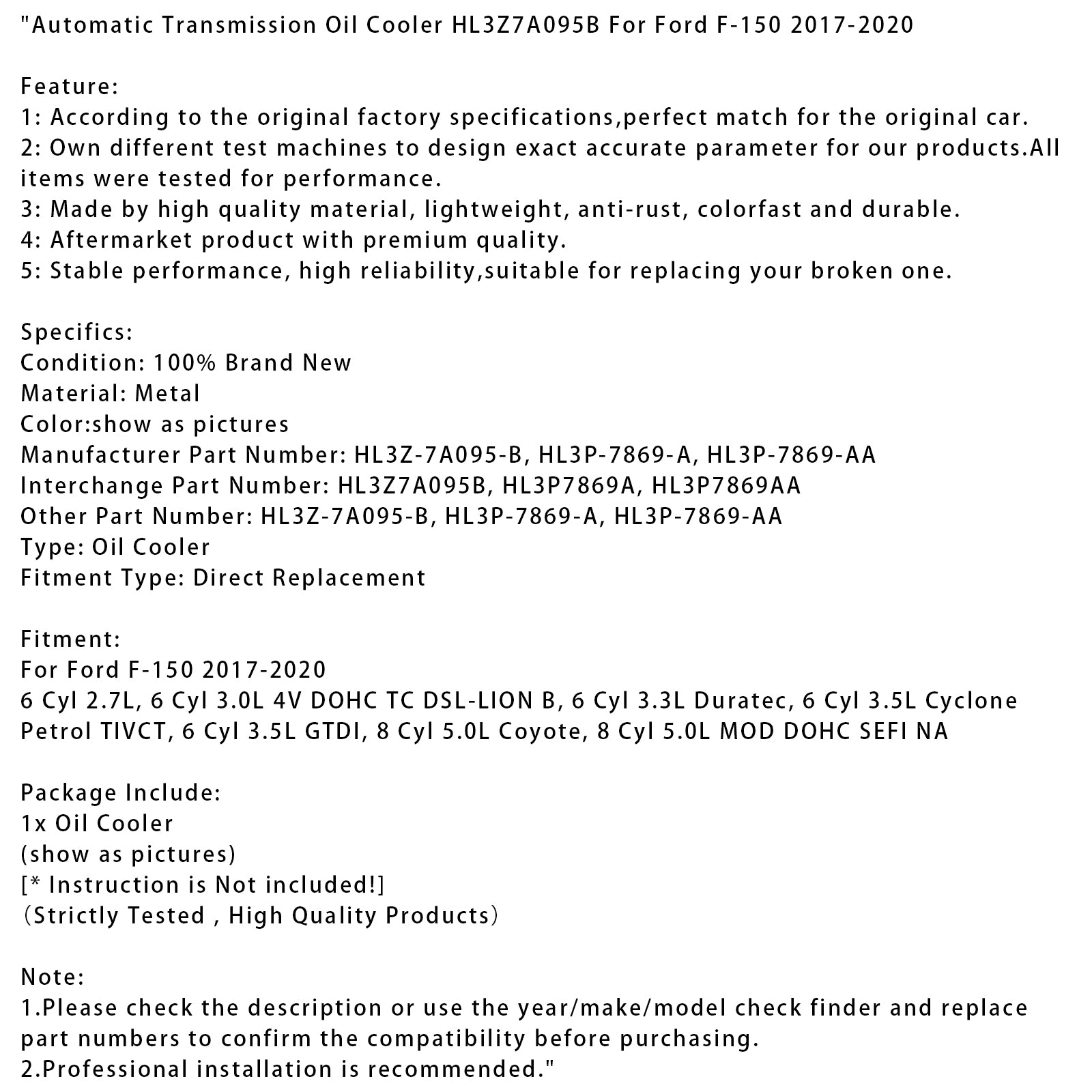 Automatic Transmission Oil Cooler HL3Z7A095B For Ford F-150 2017-2020