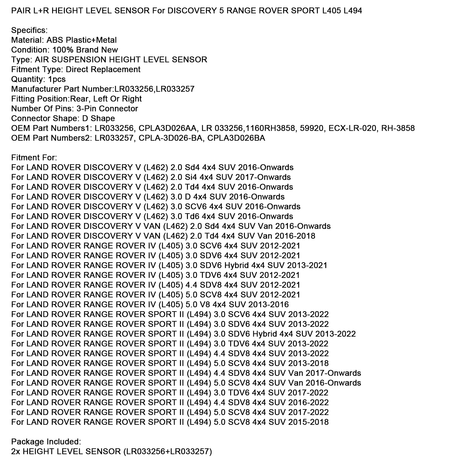 Paar F&R-hoogtesensor voor Discovery 5 Range Rover Sport L405 L494