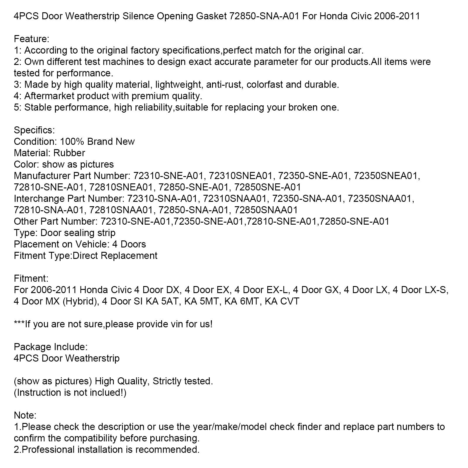2006-2011 Honda Civic Door Weatherstrip Silence Opening Gasket 4pcs