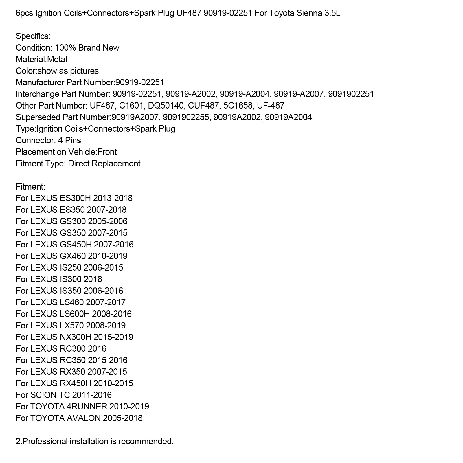 6 bobinas de ignição+conectores+plugue de ignição UF487 90919-02251 para Toyota Sienna 3.5L