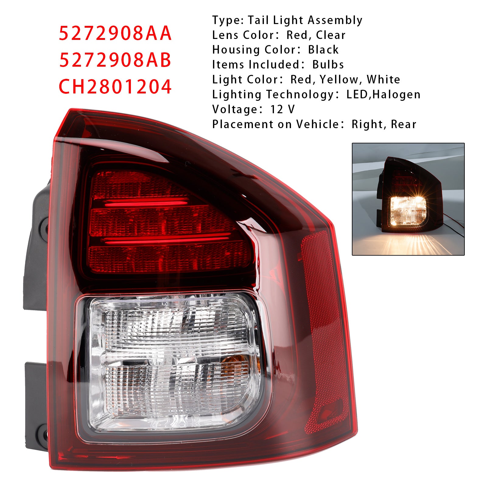 Rechterachterlicht Achterlichtmontage voor Jeep Compass 2014-2017