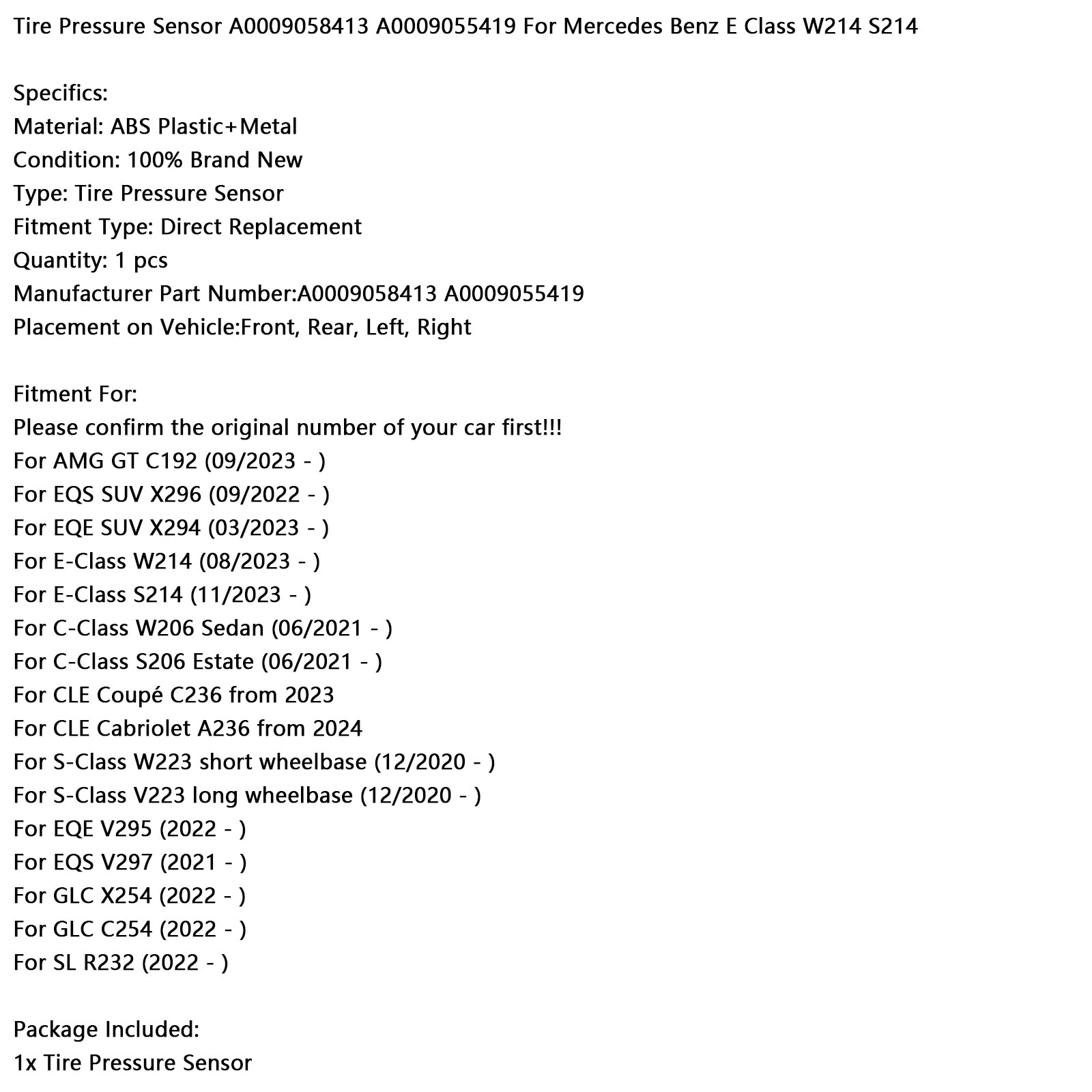 Dekktrykksensor A0009058413 A0009055419 For Mercedes Benz E-Klasse W214 S214