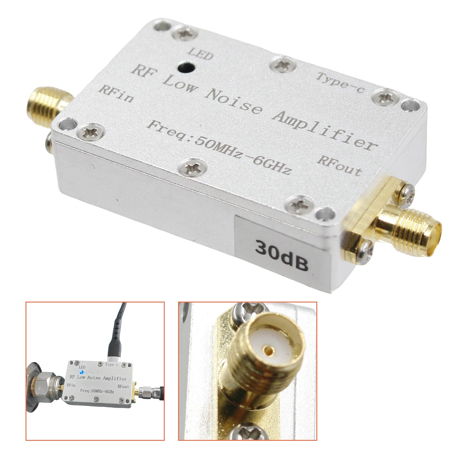 Amplificador de radiofrequência de 50m-6GHz 20dB 30dB de alto ganho LNA de baixo sinal de ruído baixo