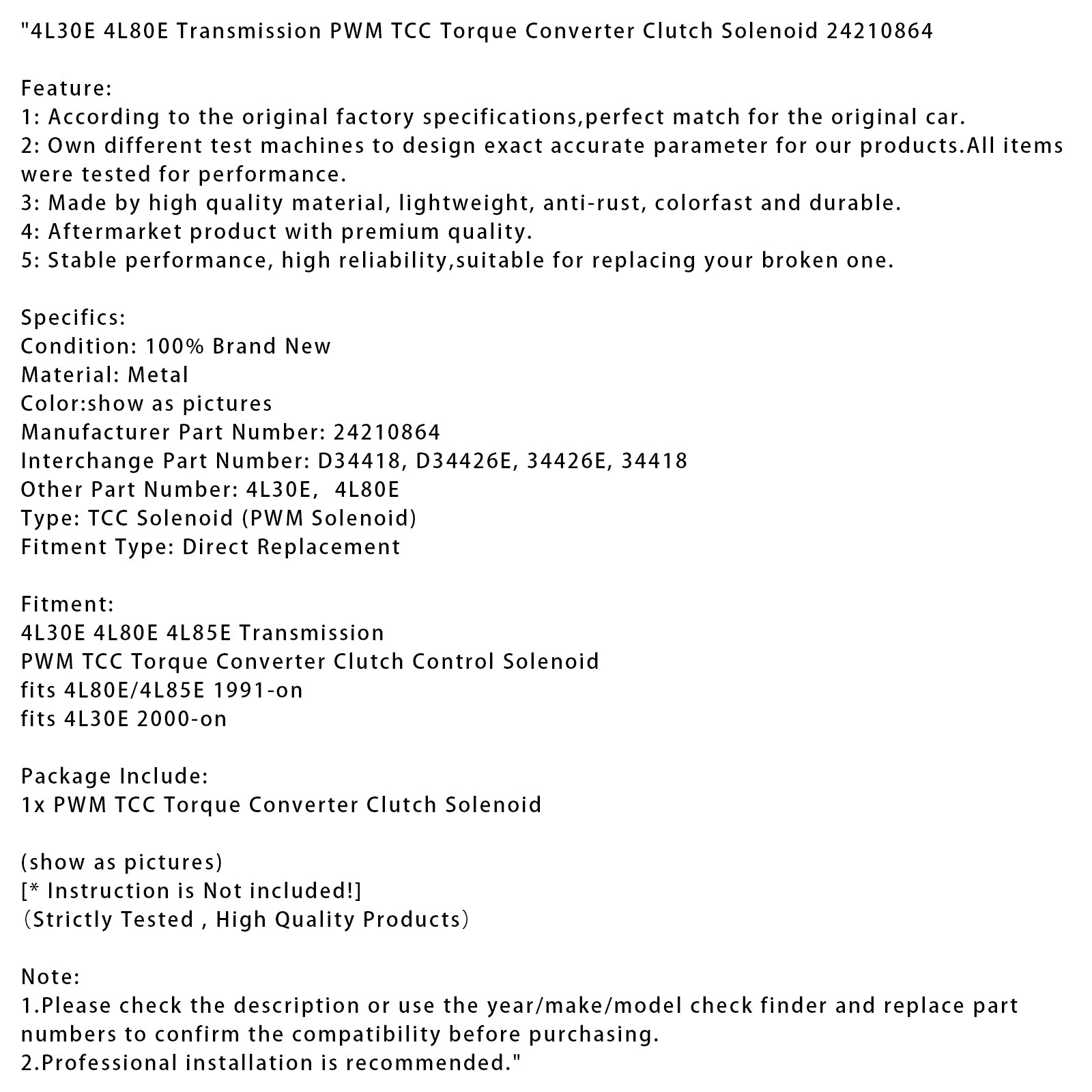 4L30E 4L80E Transmission PWM TCC Torque Converter Clutch Solenoid 24210864