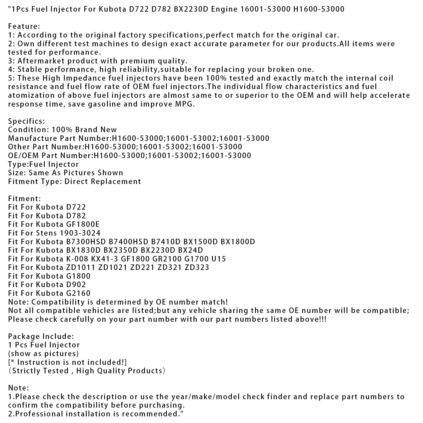1Pcs Fuel Injector For Kubota D722 D782 BX2230D Engine 16001-53000 H1600-53000