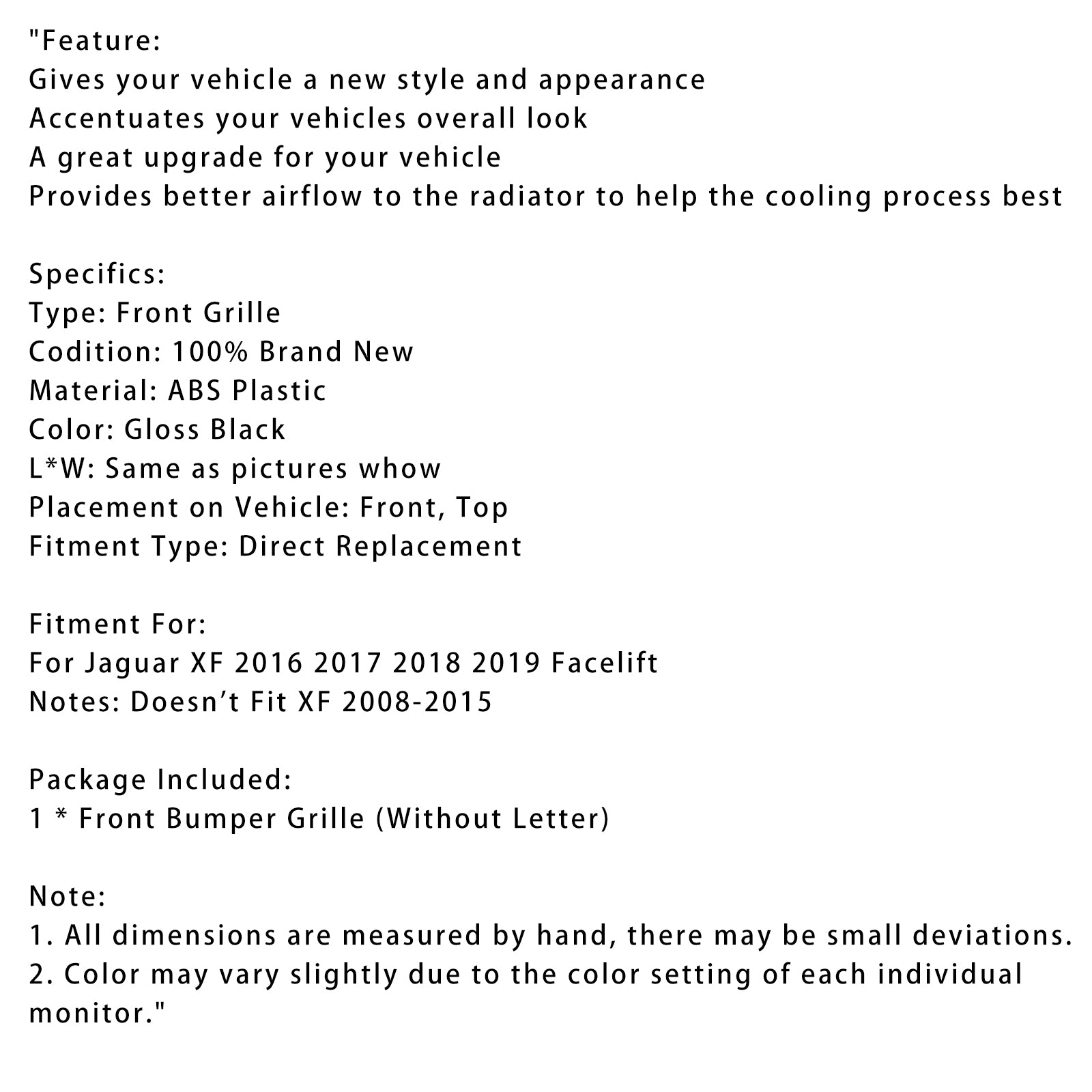 2016-2019 Jaguar XF XF-R Style Front Challe Grill Grille Bloss Black