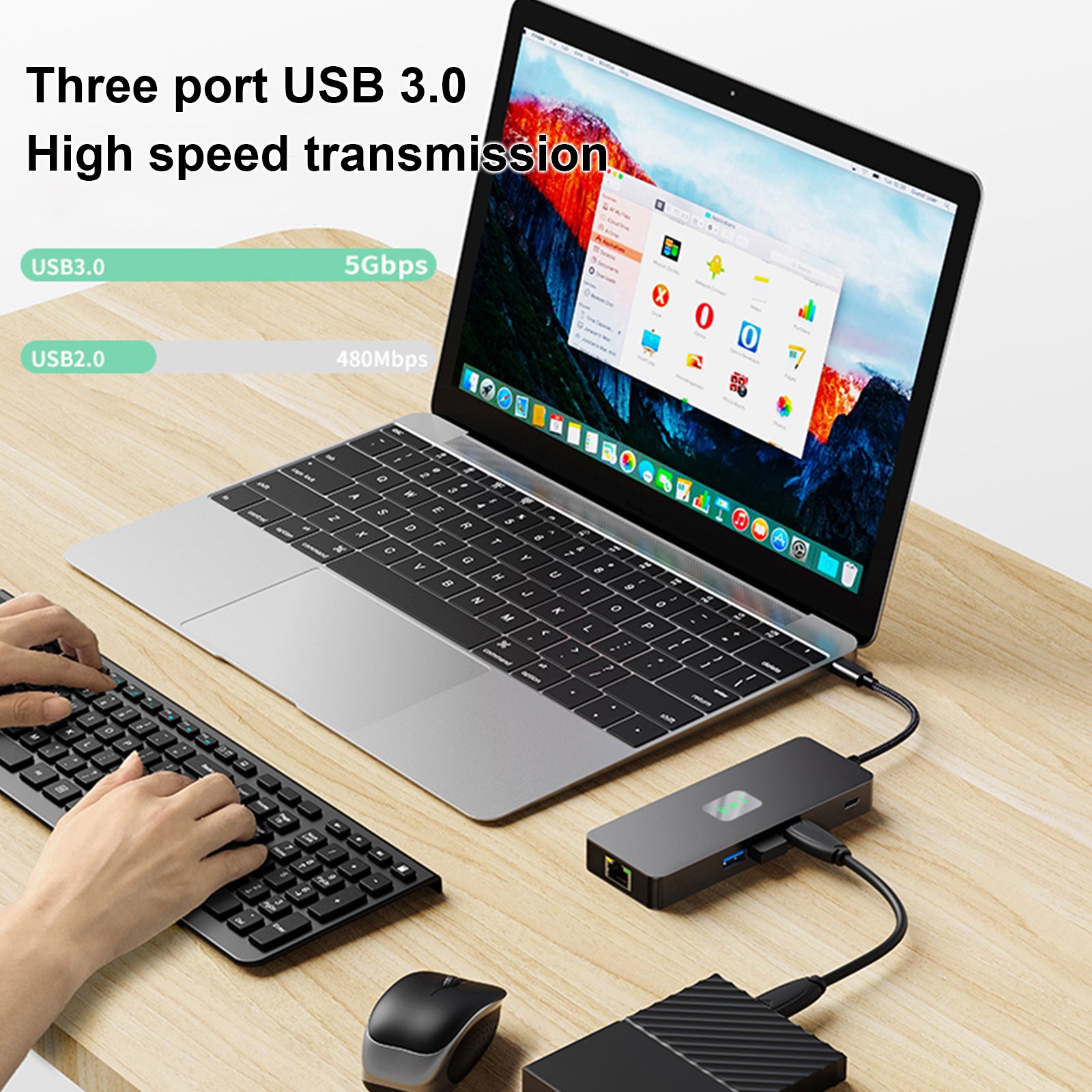 Base adaptadora de concentrador de interfaz 8 en 1 TYPE-C a RJ45 Gigabit USB 3.0 HDMI DP PD100W