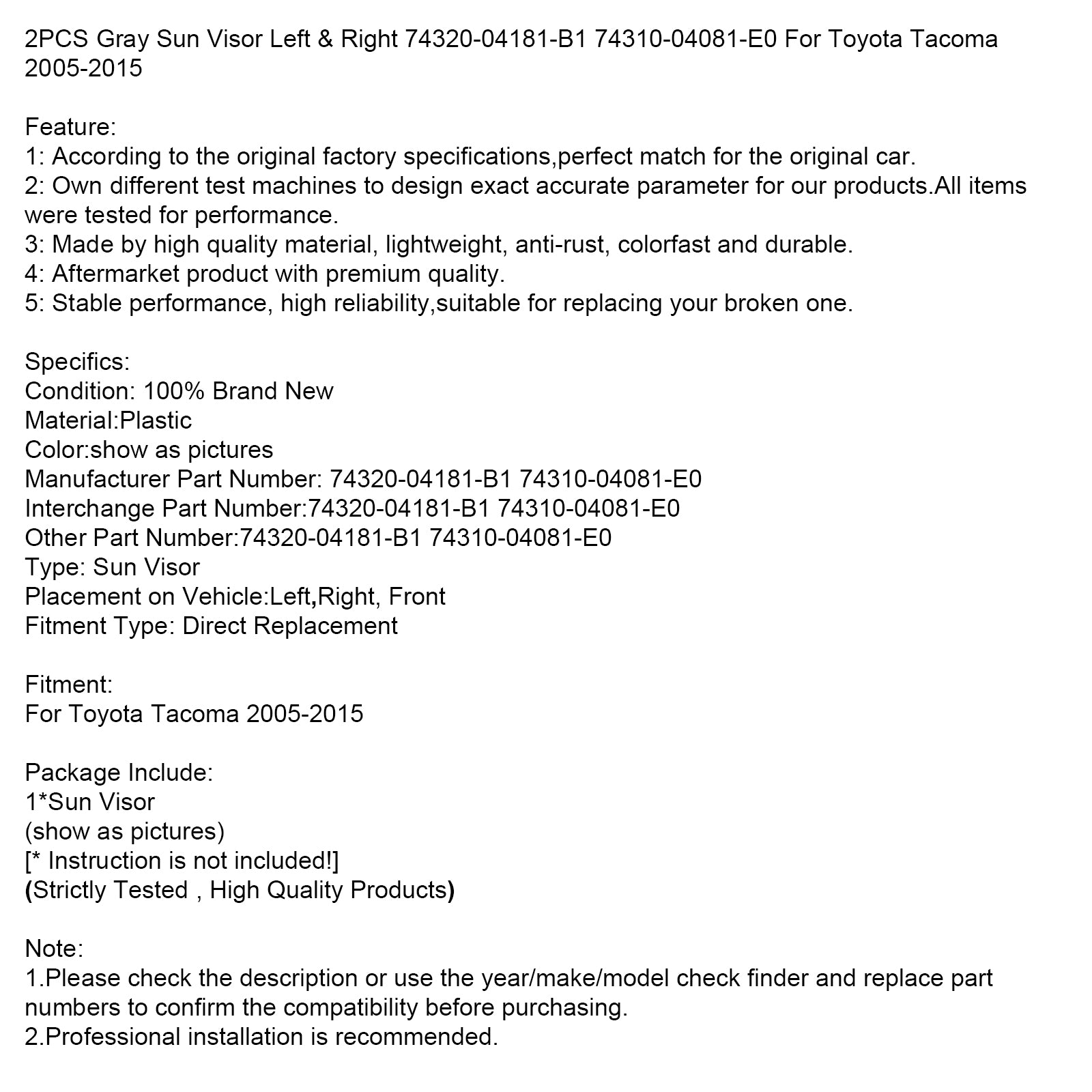 2 piezas de parasol gris izquierdo para Nissan Altima 2013-2018 & Derecha 74320-04181-B1 74310-04181-B1
