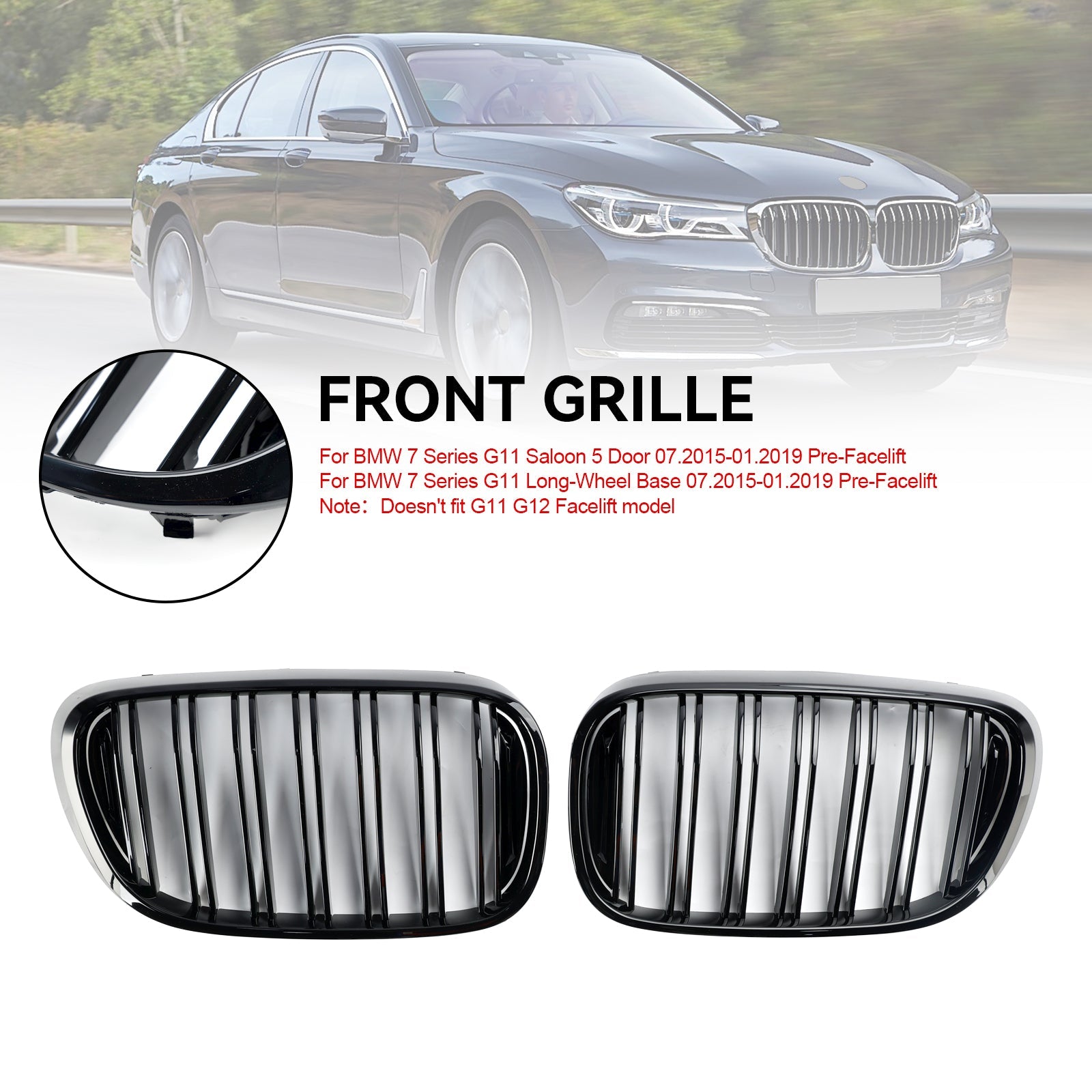 07.2015-01.2019 BMW 7-serie G11 Langhjulsbase Pre-Facelift Black 2 Slat Front Kidney Grill Grille