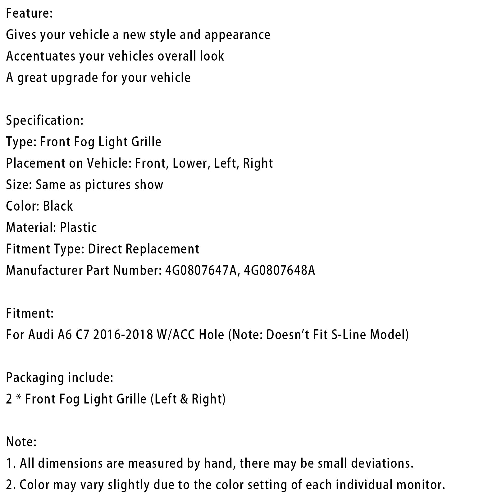 2016-2018 Audi A6 C7 w/ACC Hole Par Front Bumper Lower Light Cover Grille 4G0807647A