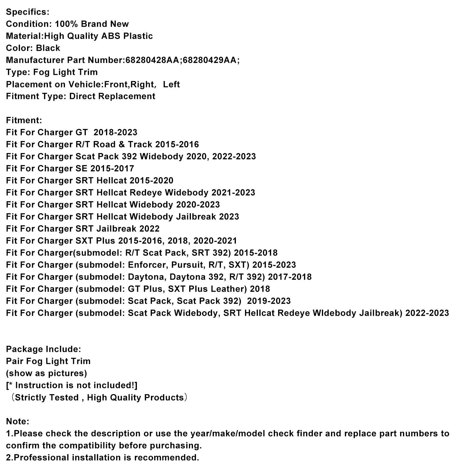 Par tåkelysramme for Dodge Charger 2015-2022 68280428AA
