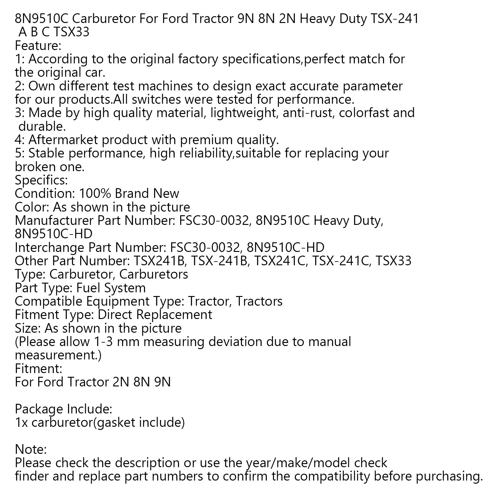 Carburetor For Ford Tractor 2N 8N 9N TSX33 8N9510C-HD New For Marvel Schebler