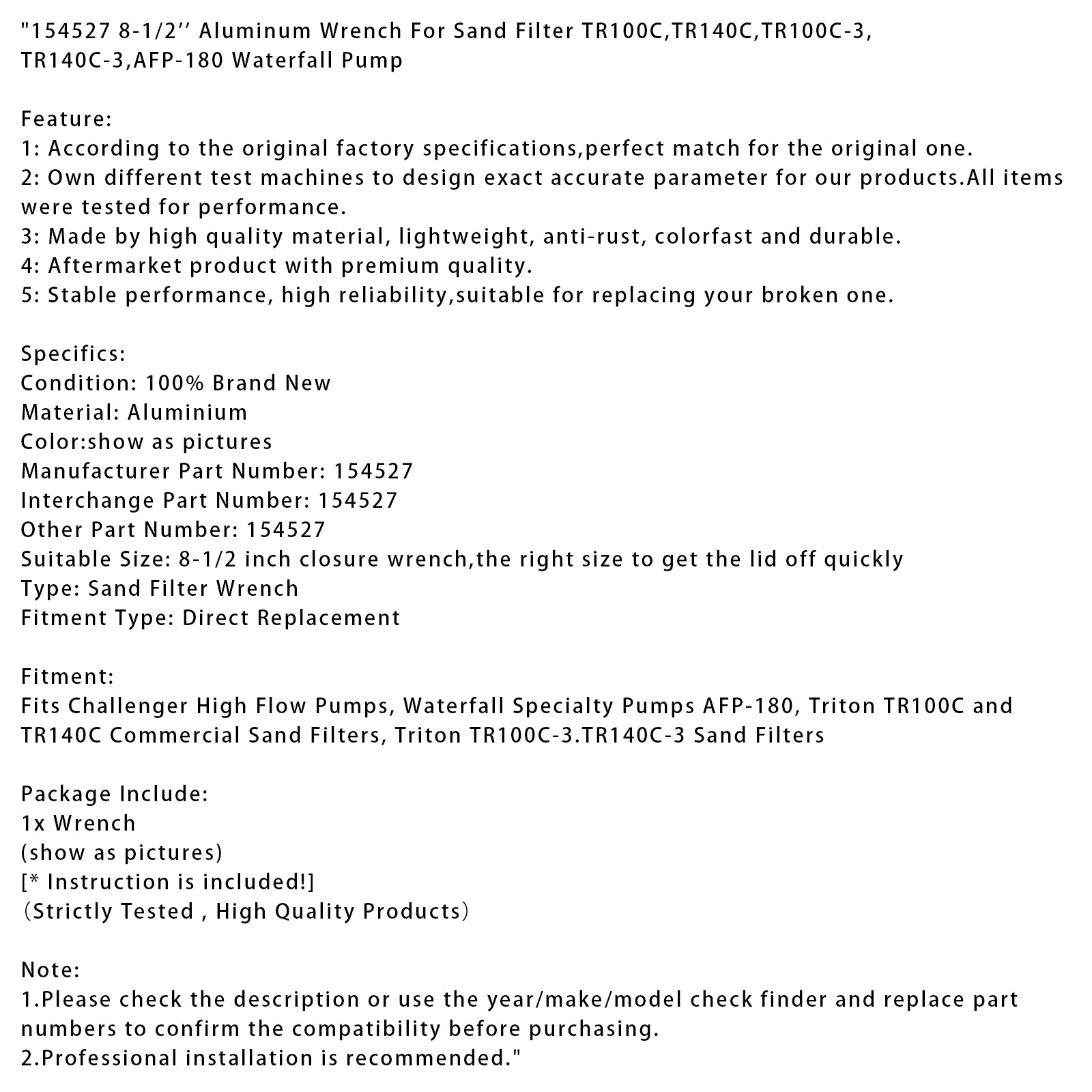 154527 8-1/2 '' aluminium sleutel voor zandfilter TR100C TR140C, TR100C-3, TR140C-3