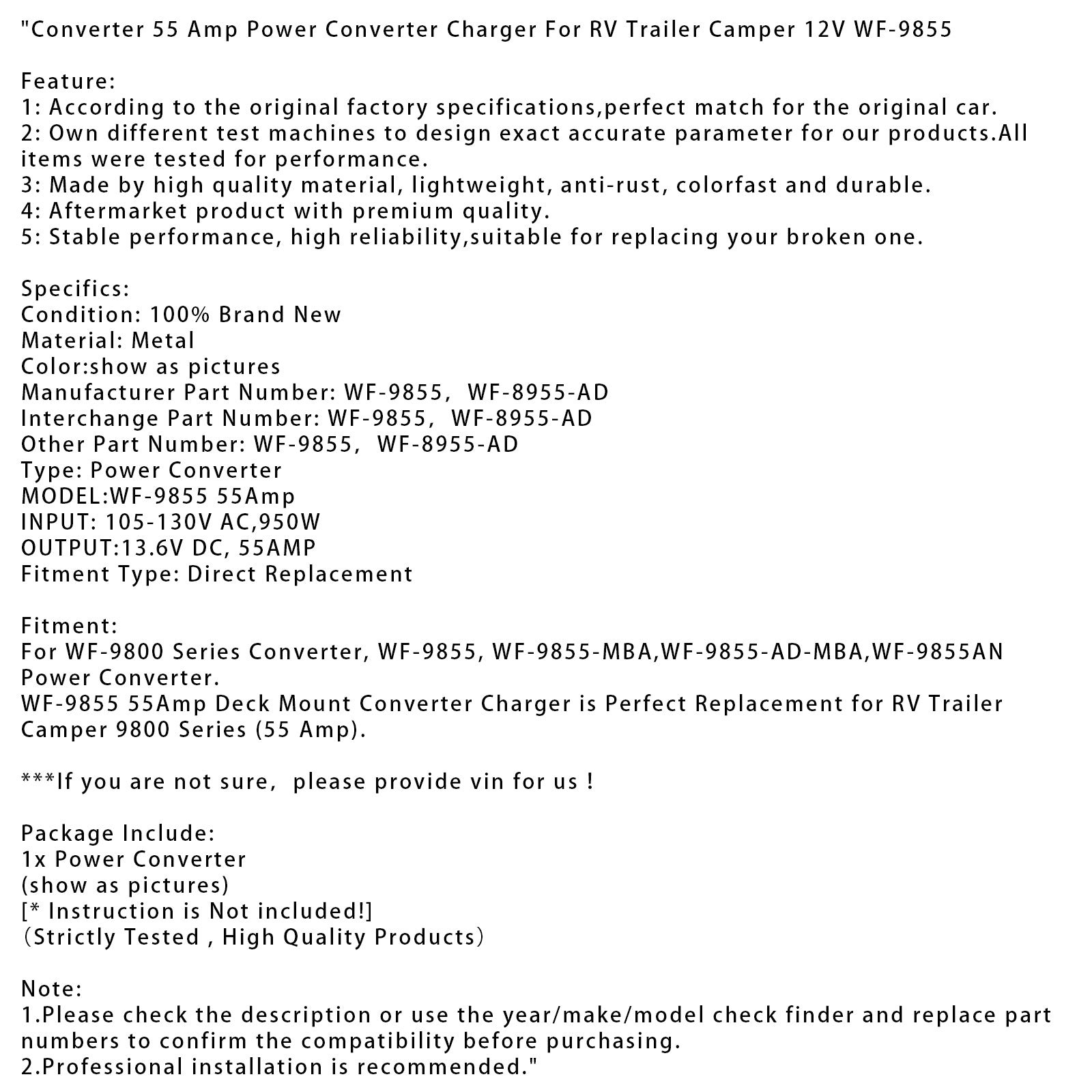 Converter 55 Amp Power Converter Charger For RV Trailer Camper 12V WF-9855