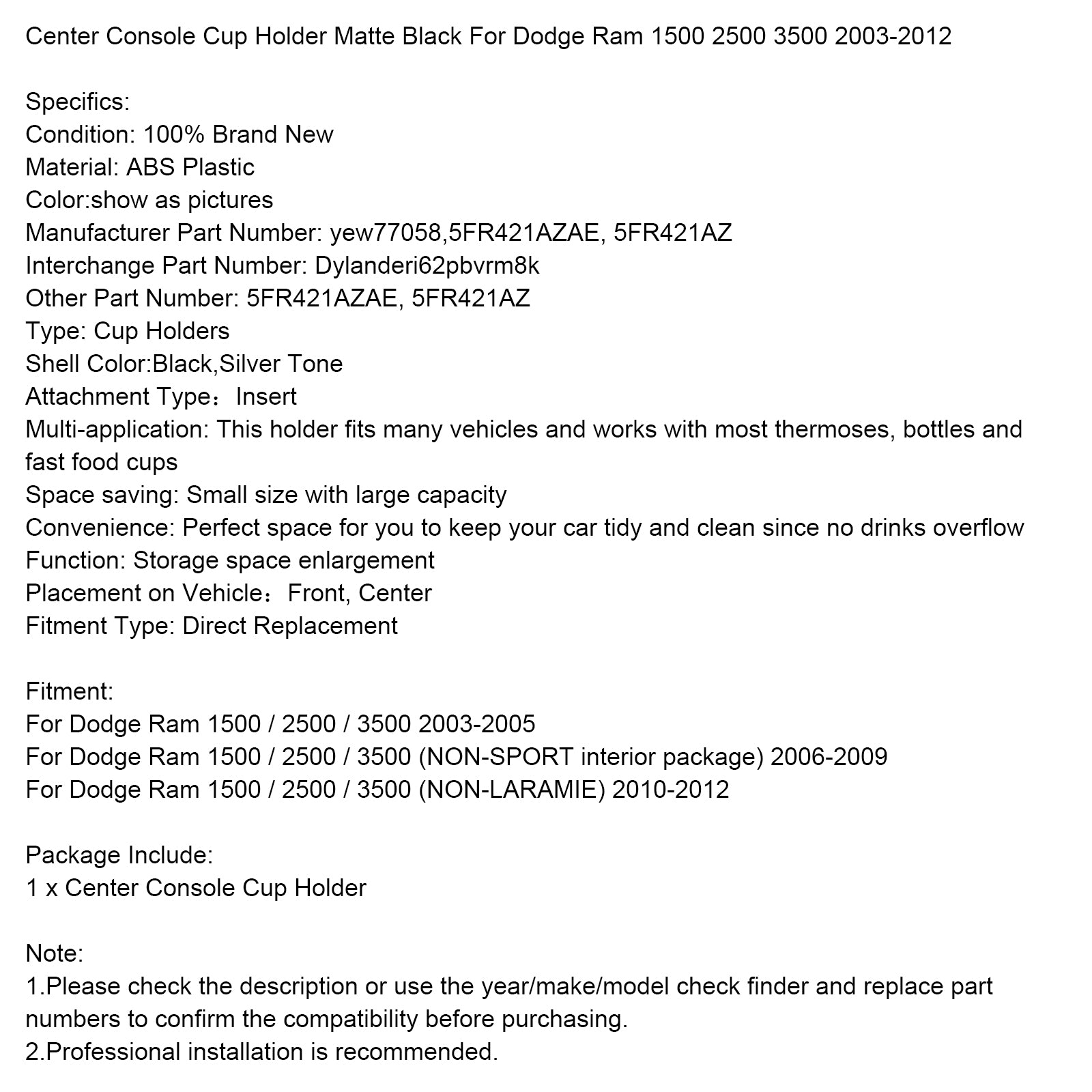 Center Console Cup Holder Matte Black For Dodge Ram 1500 2500 3500 2003-2012