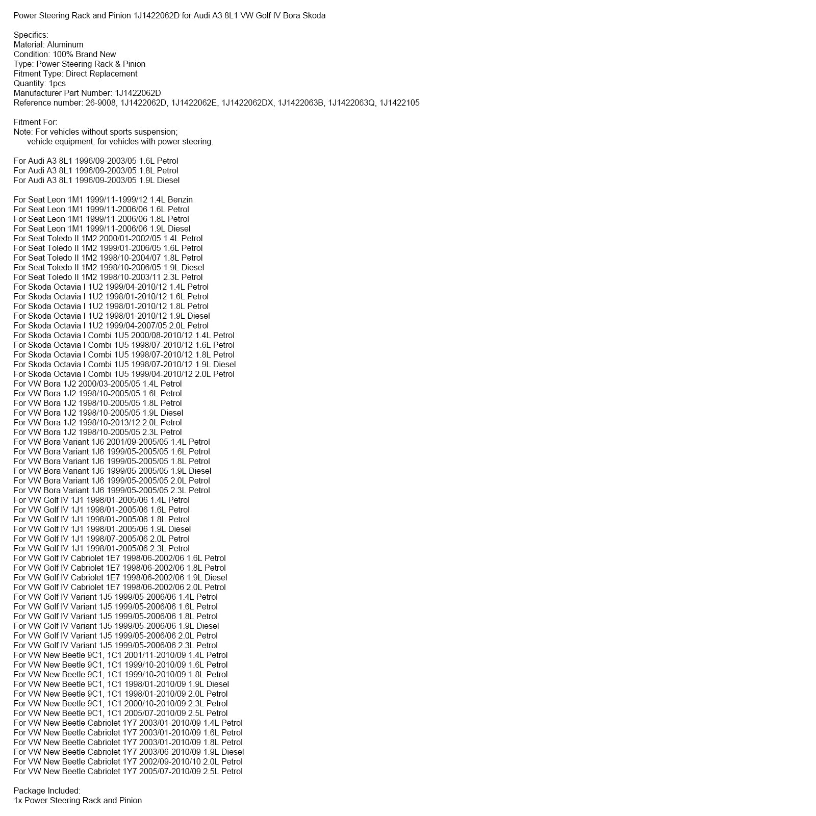 Servostyrstång och kugghjul 1J1422062D för Audi A3 8L1 VW Golf IV Bora Skoda