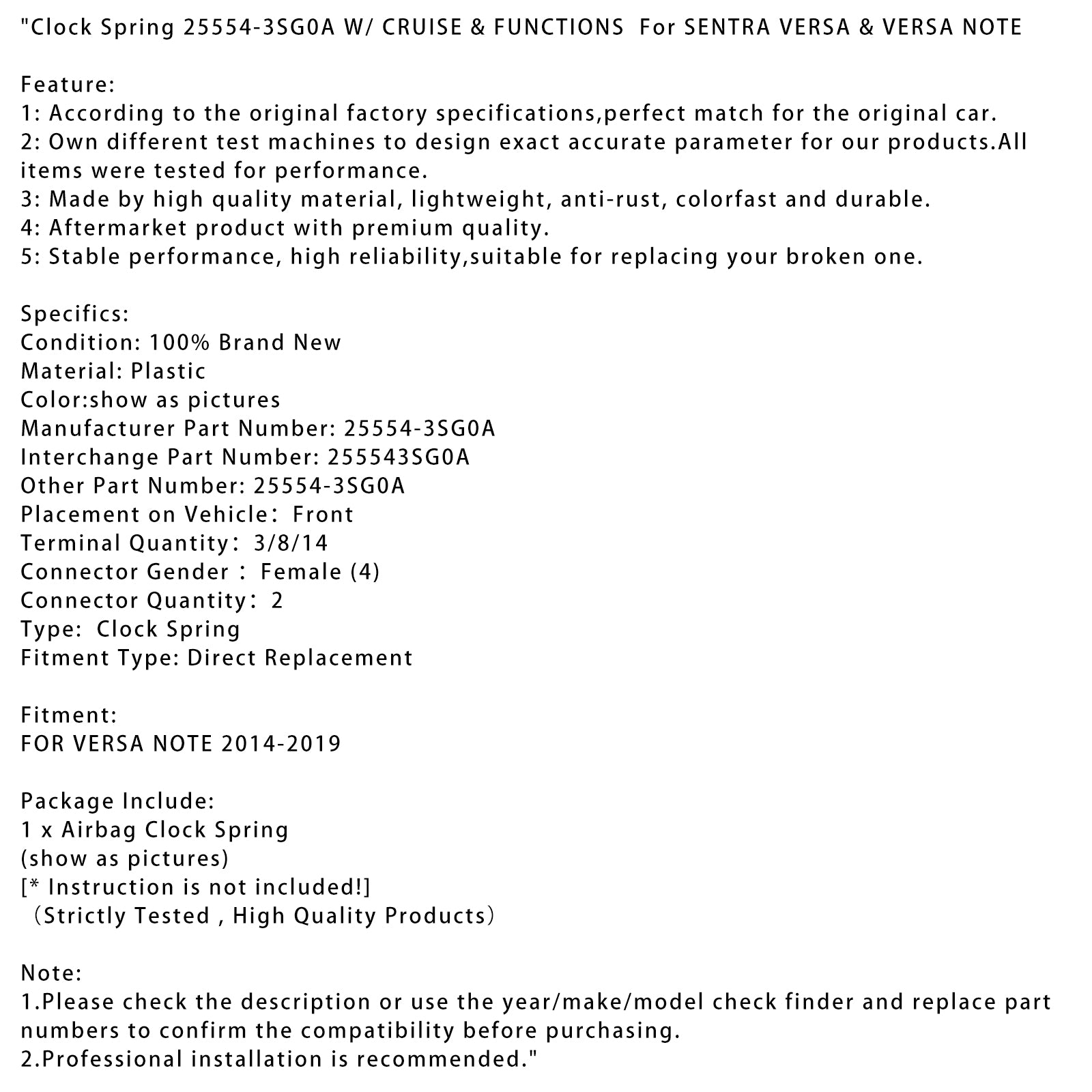 2014-2019 SENTRA VERSA & VERSA NOTE Klockfjäder 25554-3SG0A MED KRYSSNING & FUNKTIONER 25554-3SG0A
