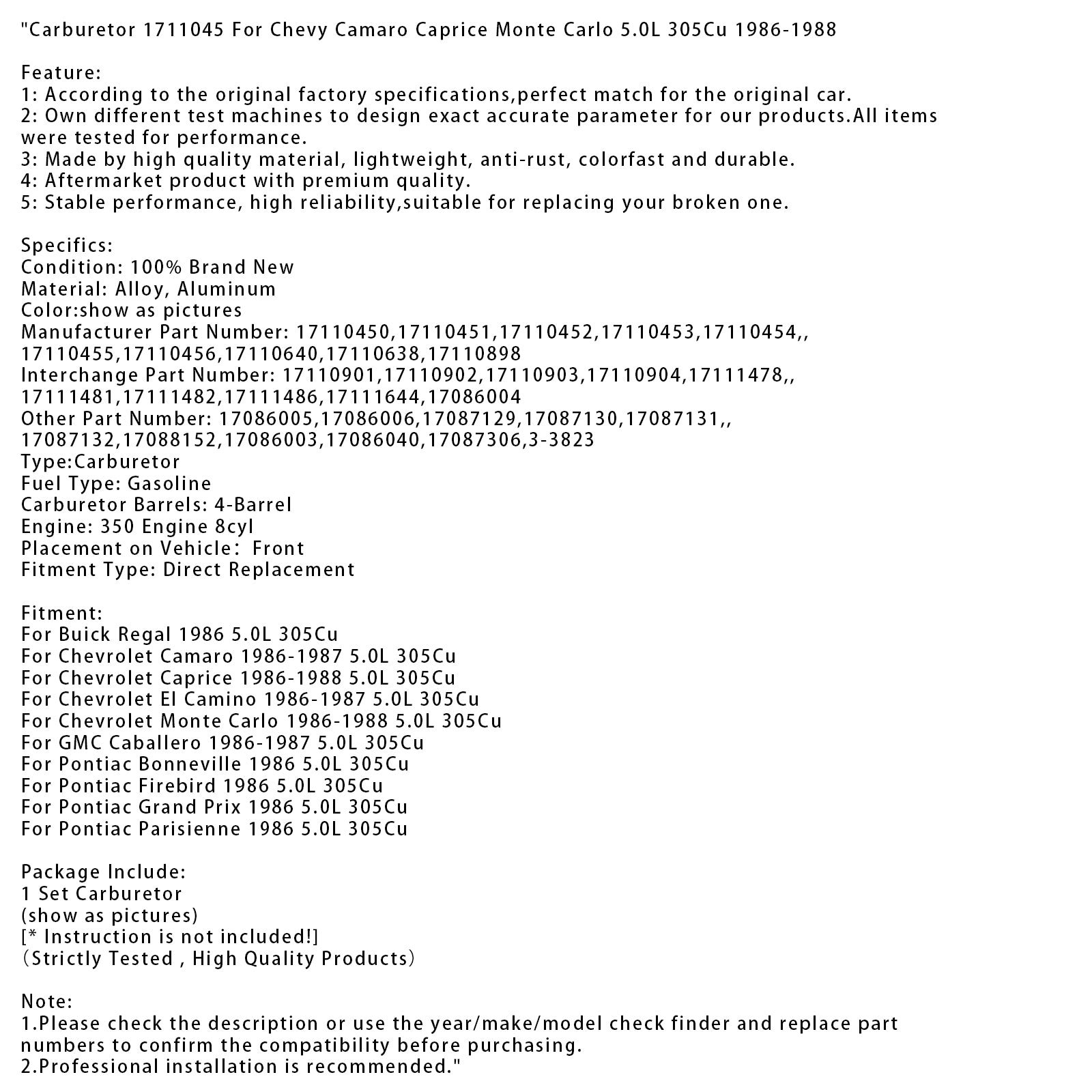 1986-1988 Chevrolet Caprice 5.0L 305Cu förgasare 1711045 17110901 17111478