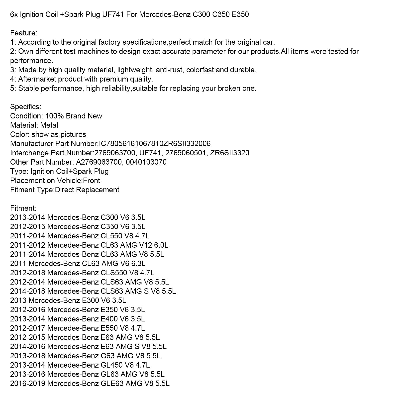 2012 Mercedes-Benz S63 AMG V8 6.2L Ignition Coil +Spark Plug UF741 6PCS 2769063700