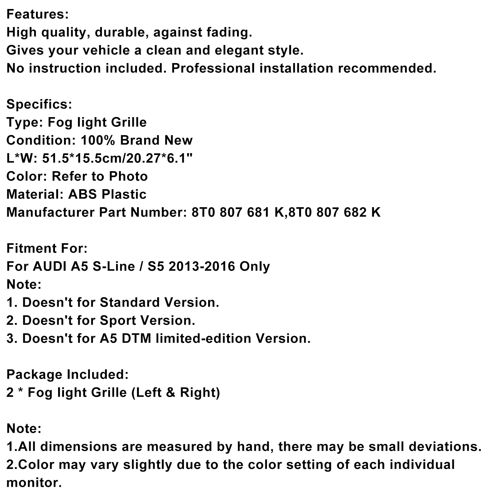 2013-2016 AUDI A5 S-Lijn S5 2 STKS Mistlicht Zwart Grillrooster