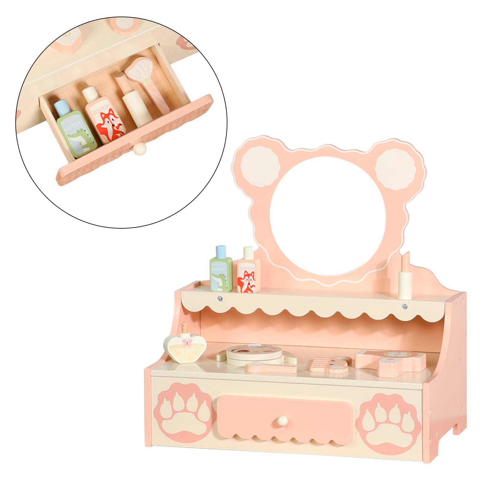 Vanité de princesse pour enfants de 3 ans et plus, bureau de jeu de simulation avec 8 accessoires de maquillage, ensemble de vanité pour enfants avec tiroir de rangement, table de maquillage pour petites filles avec miroir