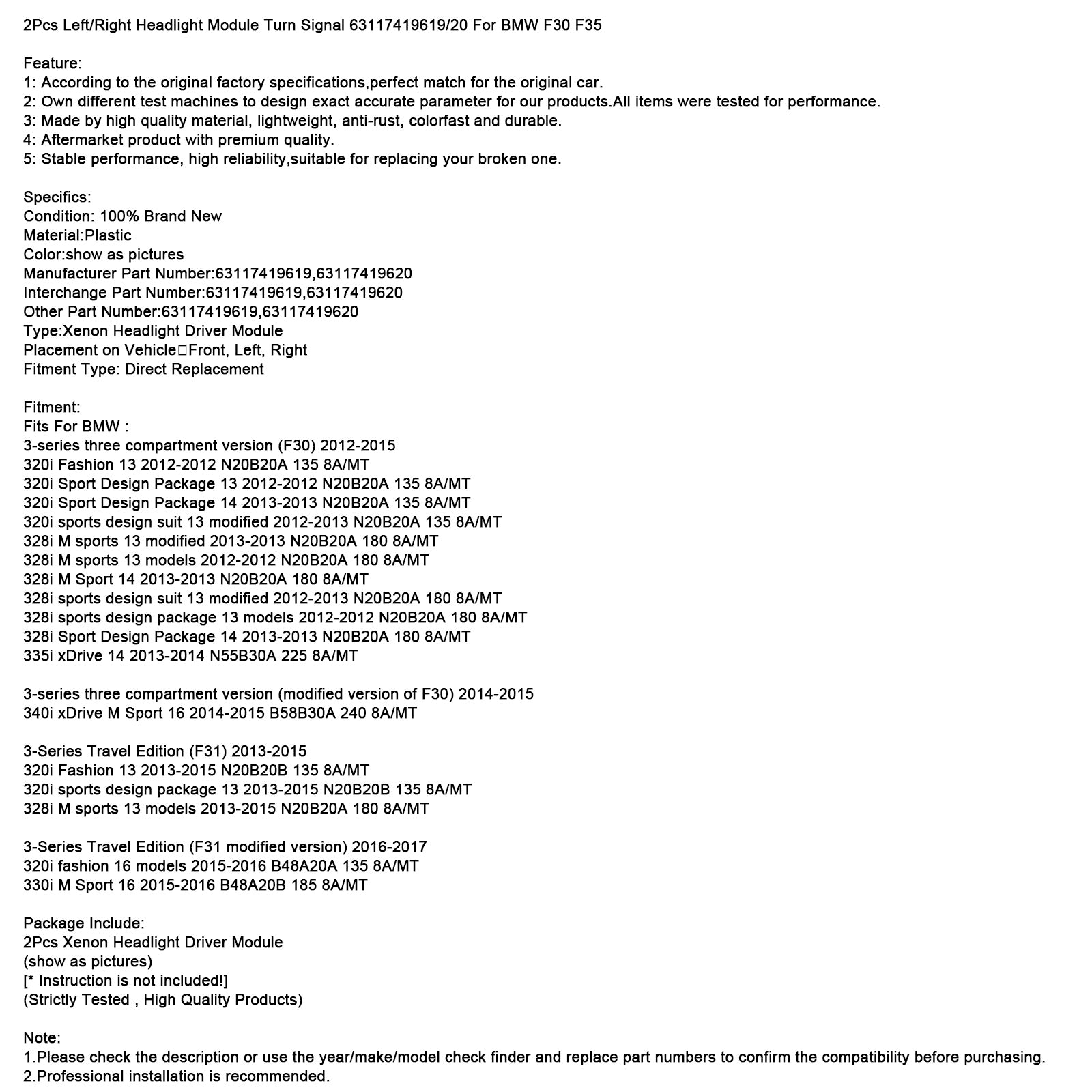 2Pcs Left/Right Headlight Module Turn Signal 63117419619/20 For BMW F30 F35