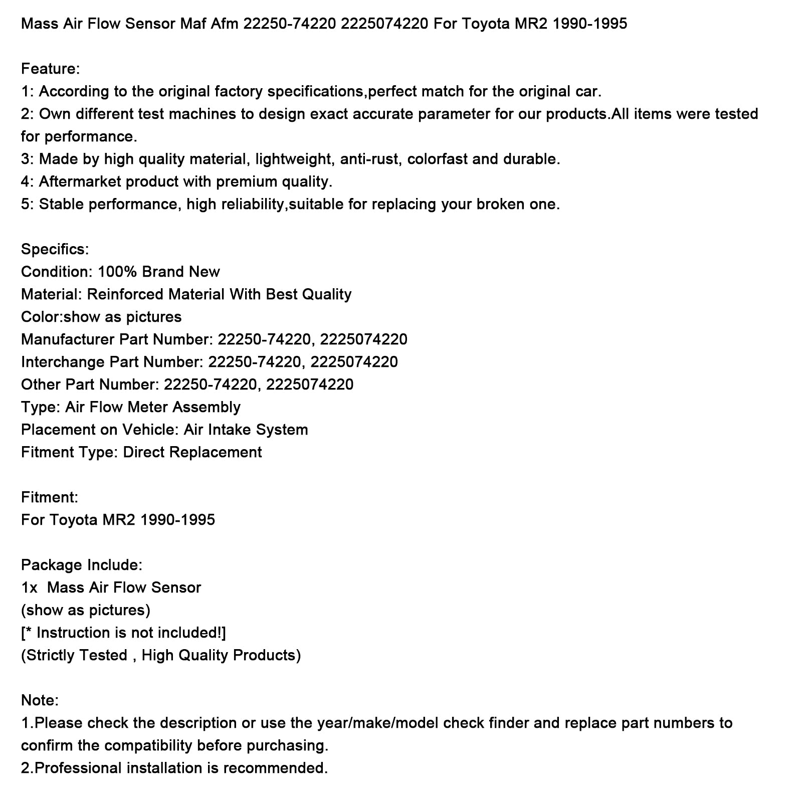1990-1995 Toyota MR2 Mass Air Flow Sensor MAF AFM 22250-74220 2225074220