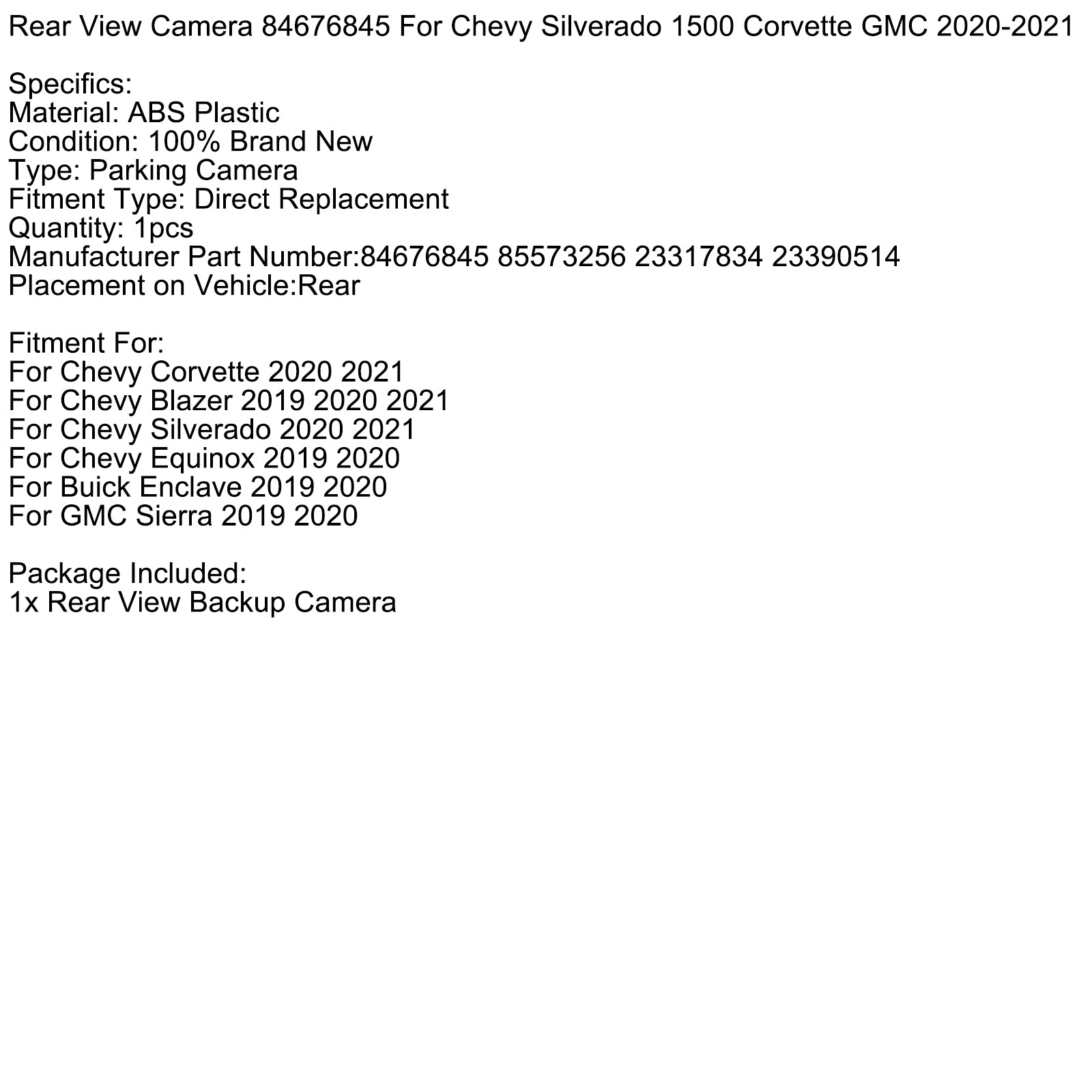 Bakvisskamera 84676845 for Chevy Silverado 1500 Corvette GMC 2020-2021