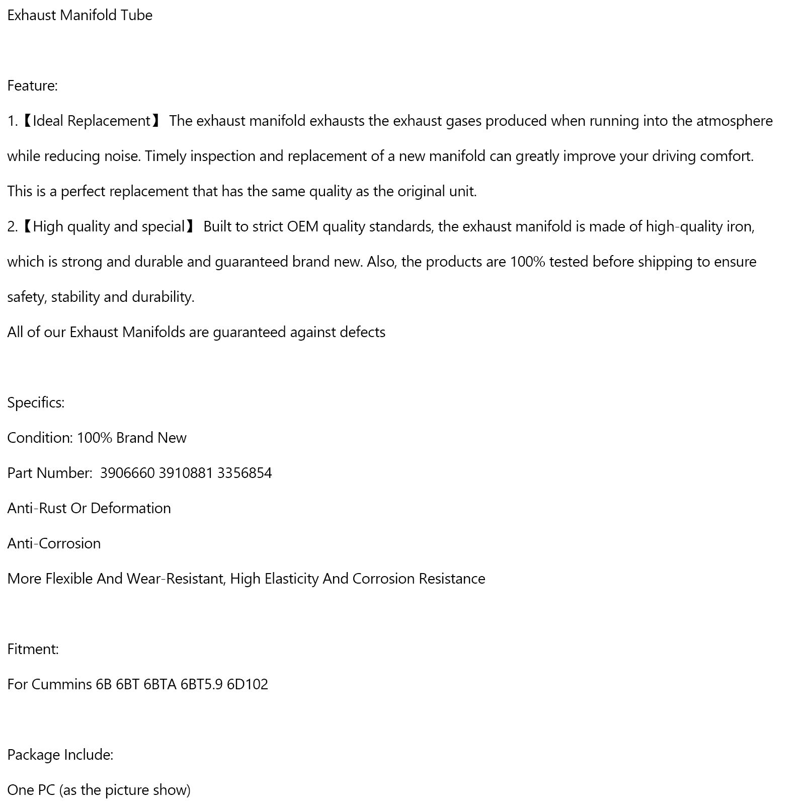 3906660 3910881 3356854 Exhaust Manifold Tube For Cummins 6B 6BT 6BTA 6BT5.9