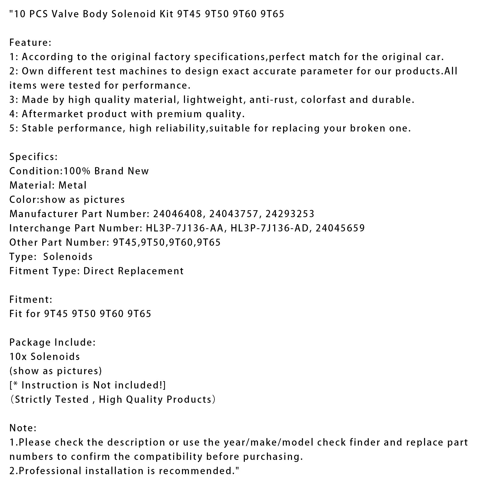 10 PCS Valve Body Solenoid Kit 9T45 9T50 9T60 9T65