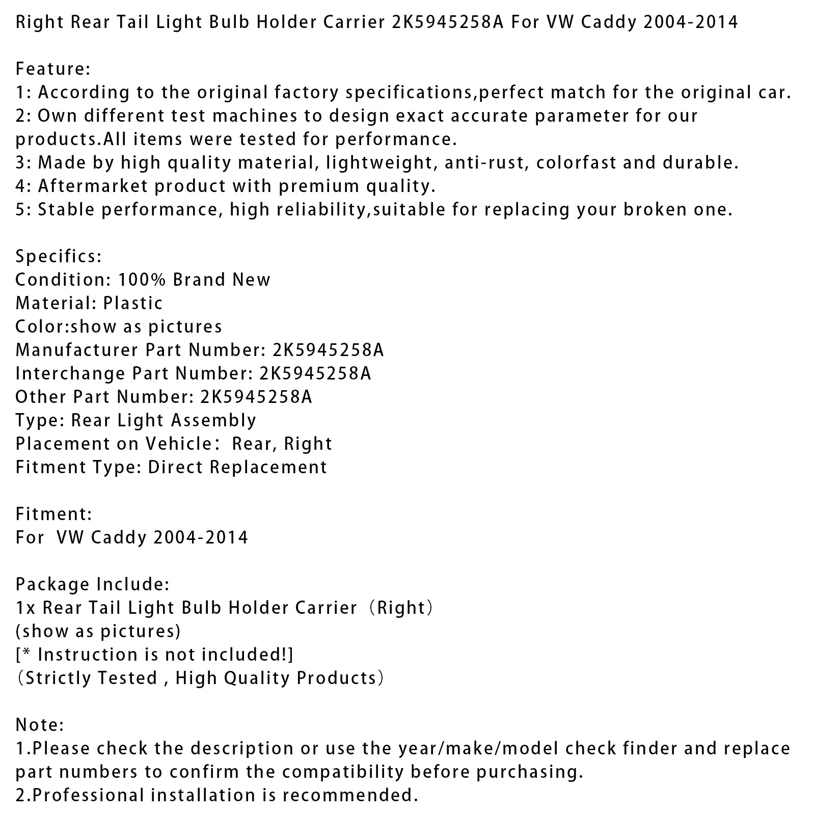 2004-2014 VW Caddy Right Rear Tail Light Bulb Holder Carrier 2K5945258A