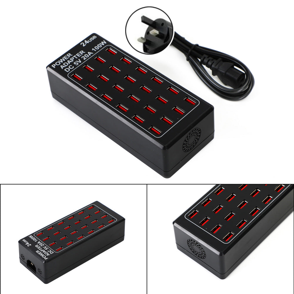 100W 24 (20A) Port USB Rýchle nabíjanie stanice Travel Desktop Rapid nabíjačka UK Plug