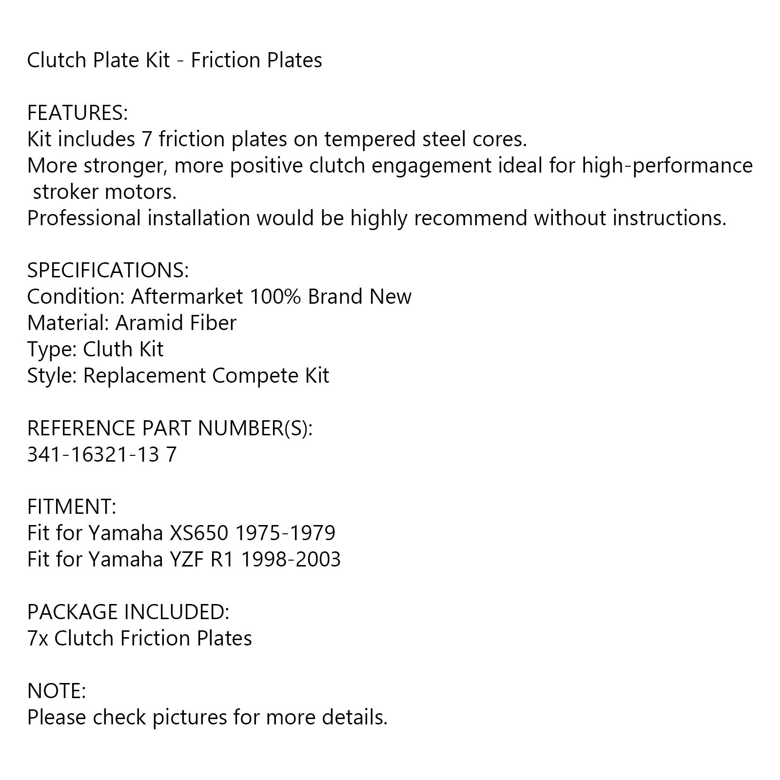 Clutch Friction Plate Kit Set för Yamaha XS650 75-79 YZF R1 98-03 Generic