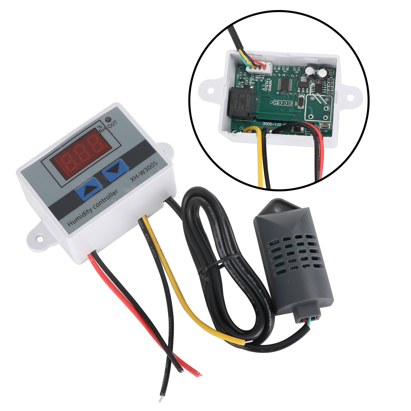 XH-W3005 Controlador de humedad digital con higrómetro y interruptor de 12 V, 24 V y 110-220 V
