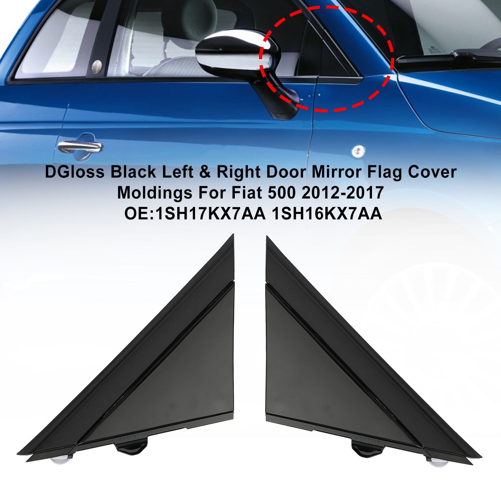 Negro brillante izquierda & Molduras de cubierta de bandera para espejo retrovisor derecho para Fiat 500 2012-2017 (genérico)