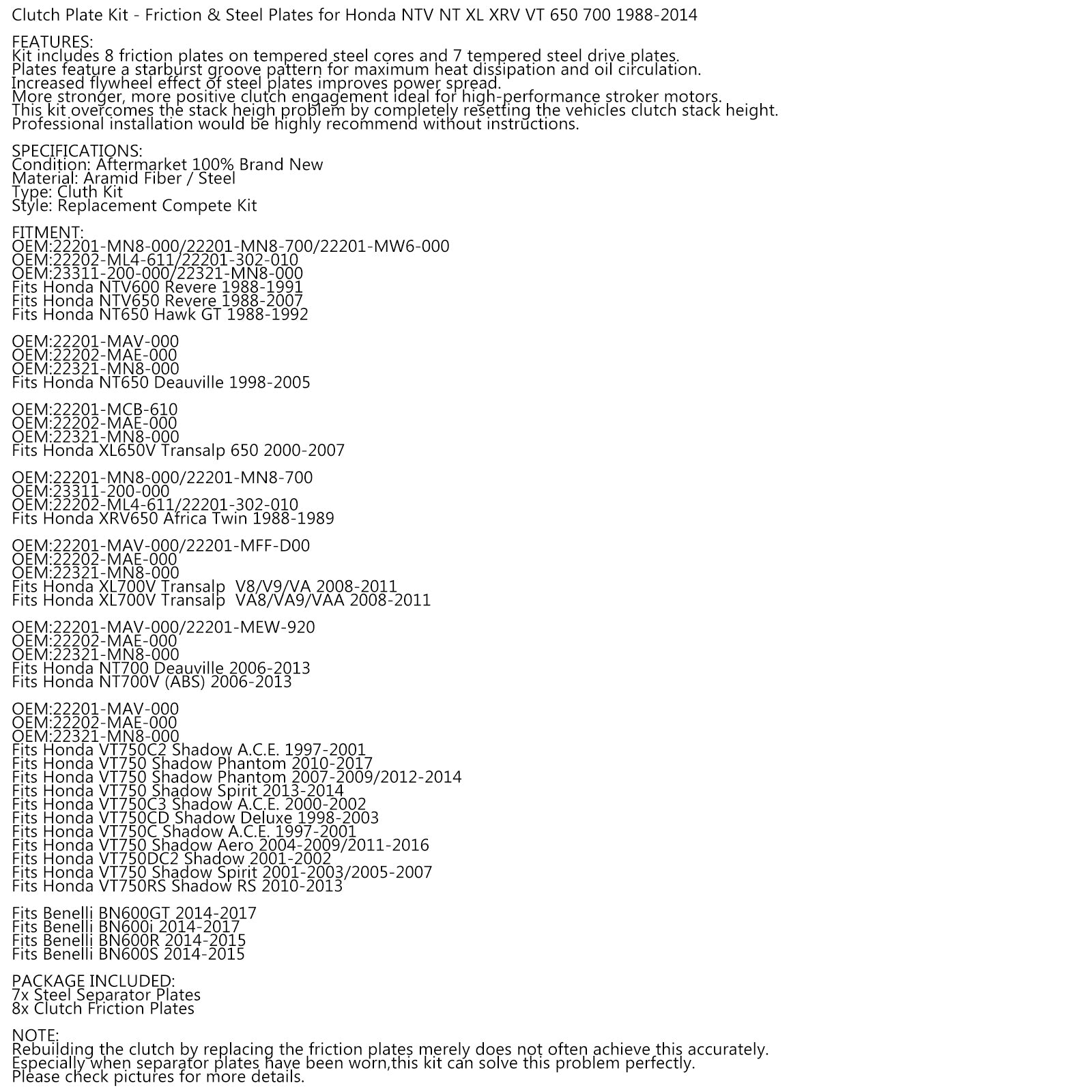 1988-2014 Honda NTV NT XL XRV VT 650 700 Kopplingssats Stål & Friktionsplattor