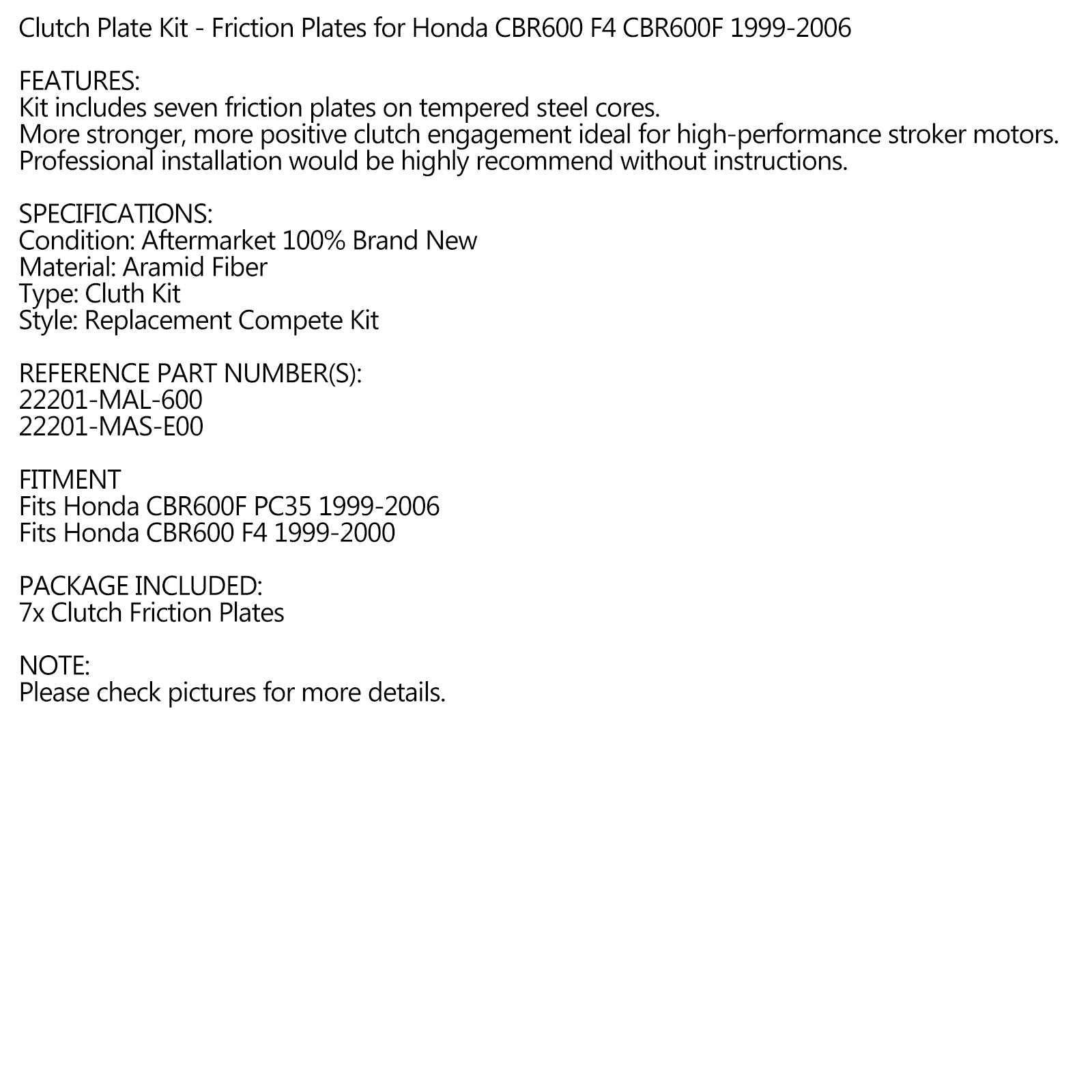 Kopplingsfriktionsplattan set för Honda CBR600 F4 CBR600F 1999-2006 Generisk