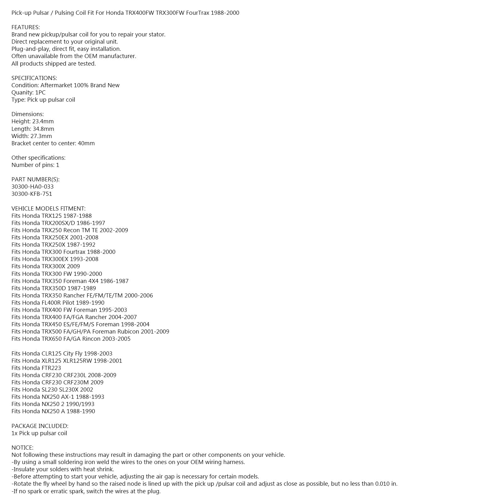 Bobine de ramassage d'impulsions de Stator pour Honda 30300-Ha0-033 30300-Ha0-010 30300-Ha0-013