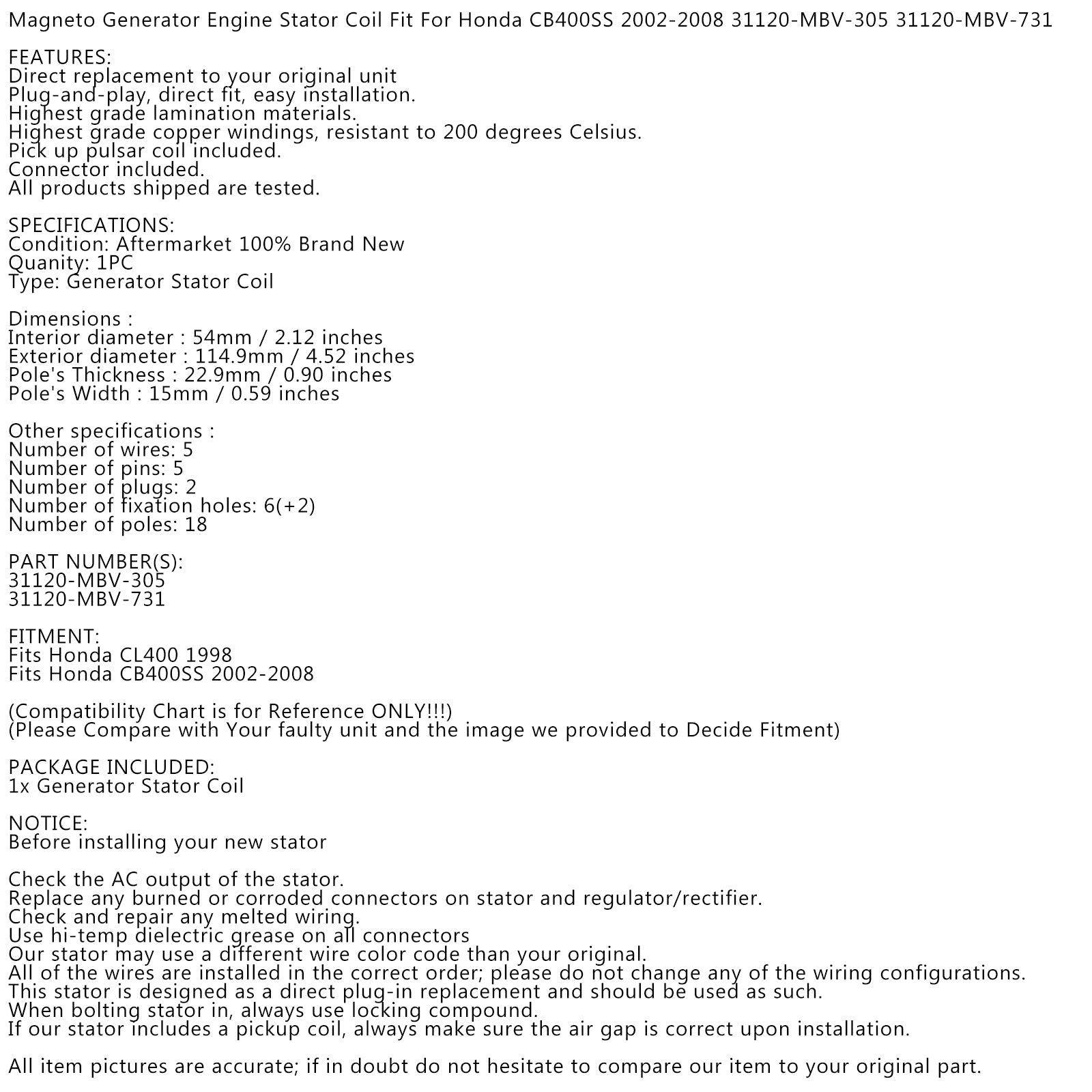 Alternátor Magneto Stator pre Honda CB CL 400SS NC41 31120-MBV-305 31120-MBV-731