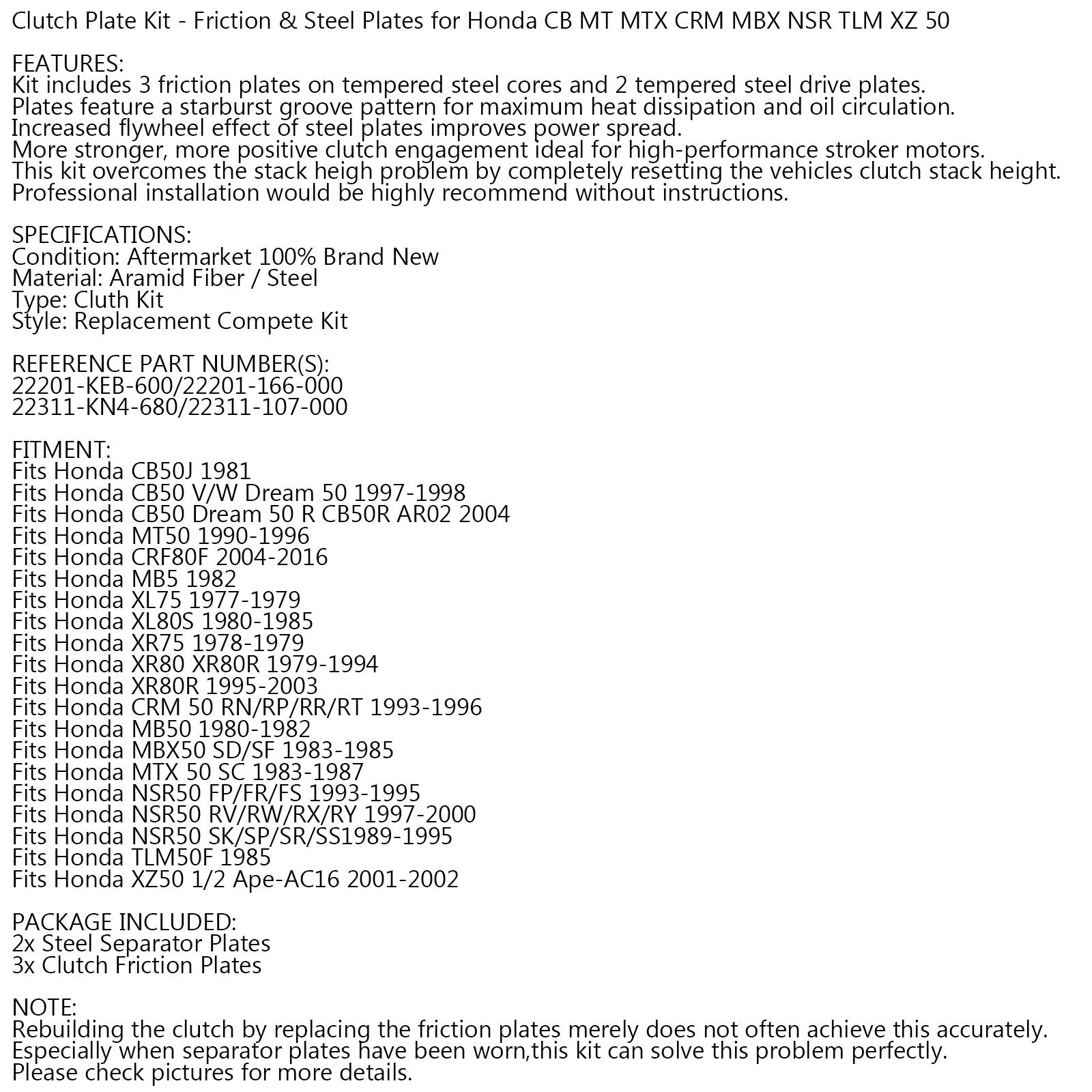 Kopplingssats stål & Friktionsplattor för Honda CB MT MTX CRM MBX NSR TLM XZ 50 cc Generisk