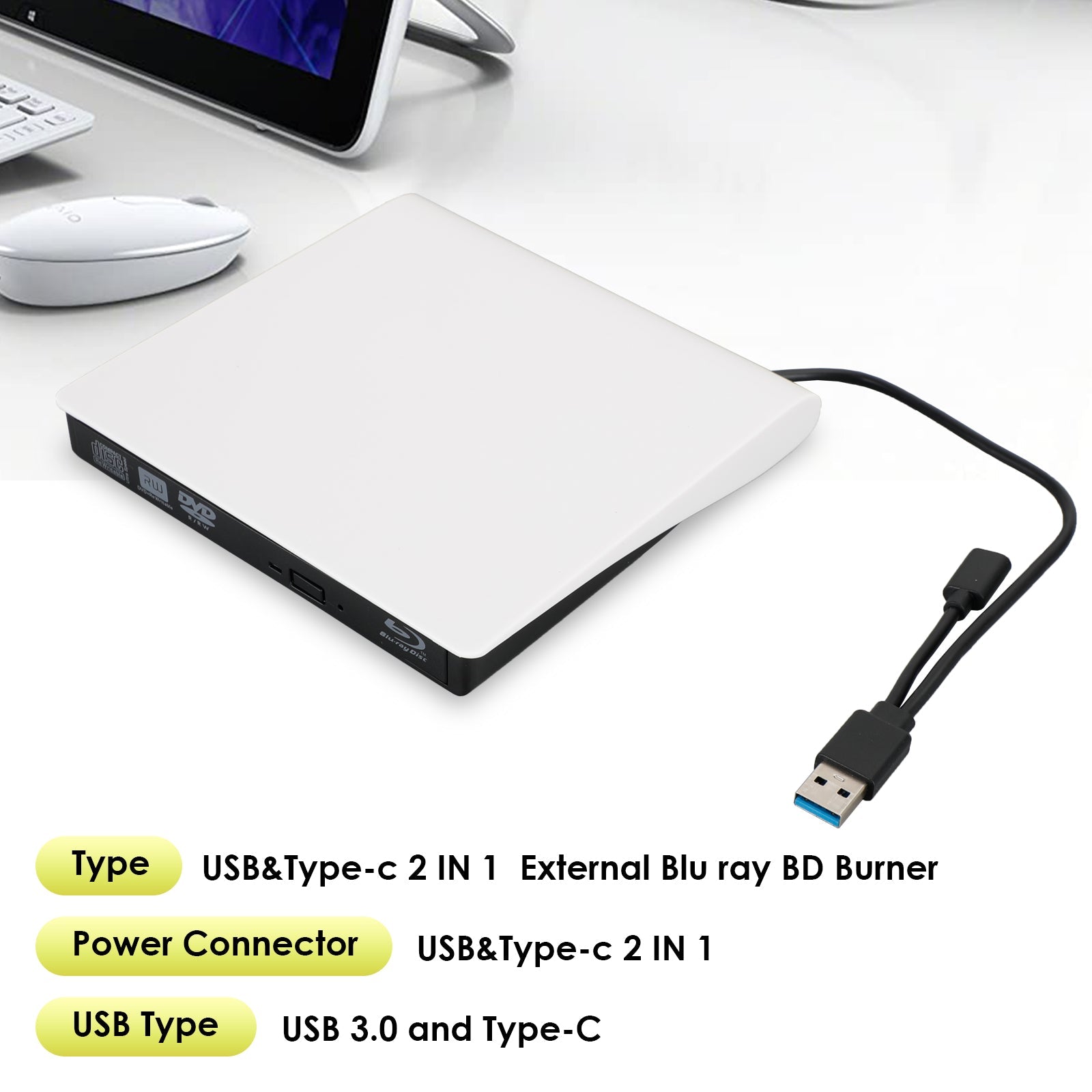 USB&Type-c ekstern Blu-ray-platebrenner+-leser BD DVD-stasjon USB 3.0-platebrenner