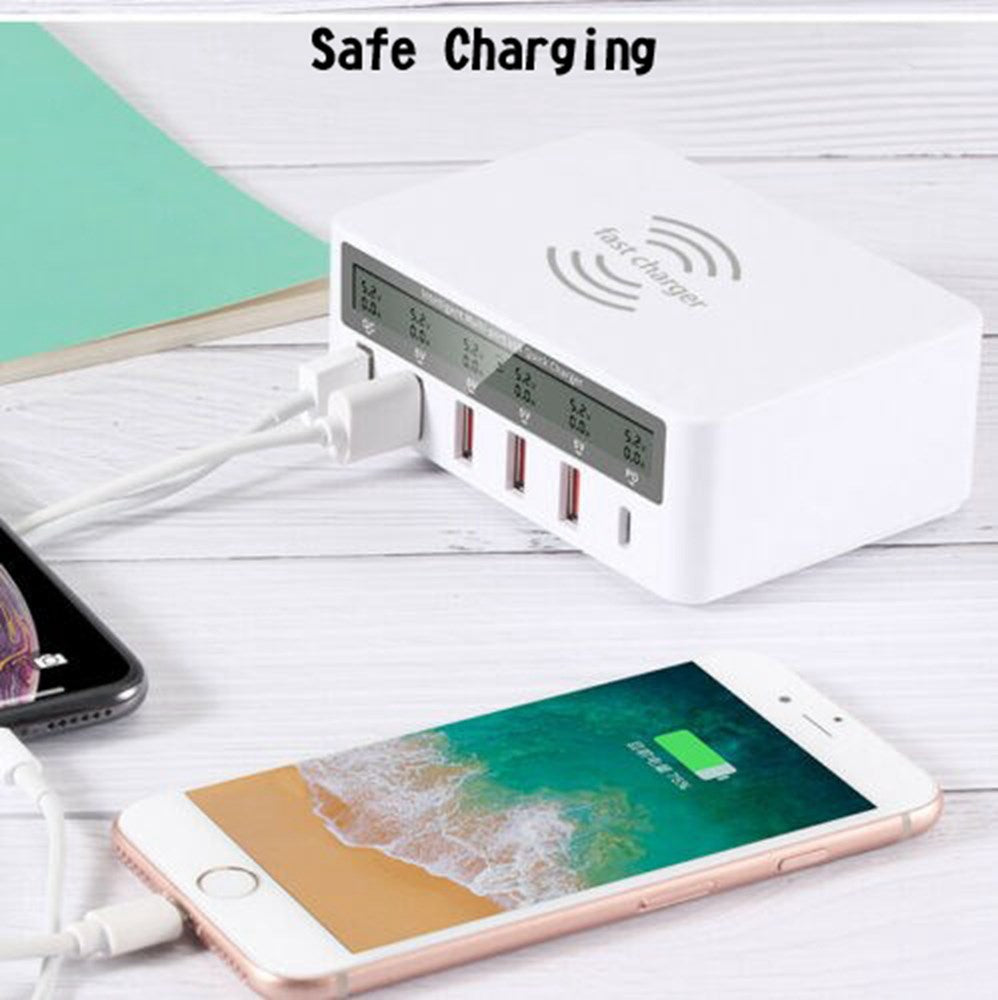 Multiport Quick USB Charger Station med trådløs ladingspute LCD -skjerm EU