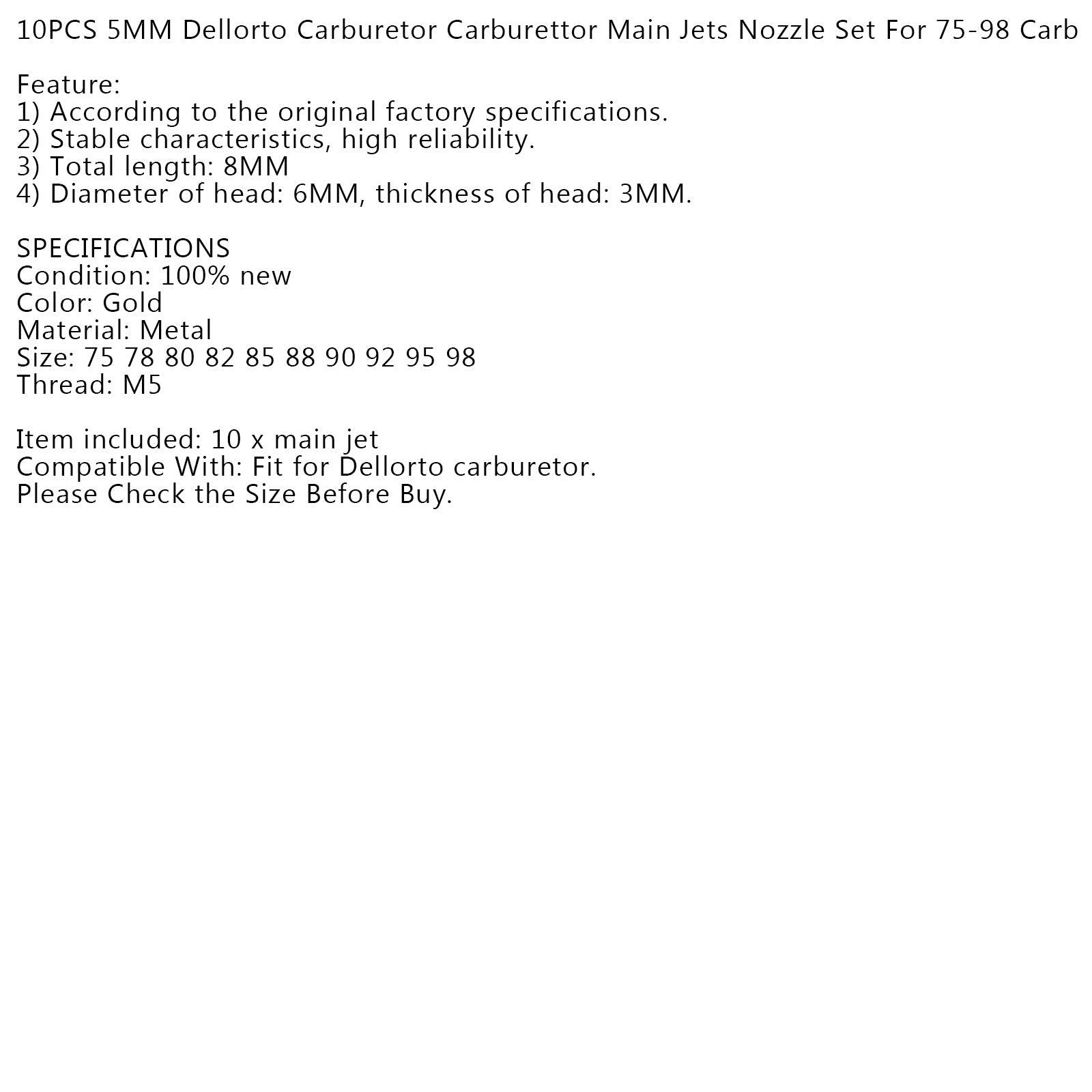 10ks 5 mm karburátor Hlavné trysky súpravy pre karburátor Dellorto 75-98 carb generic