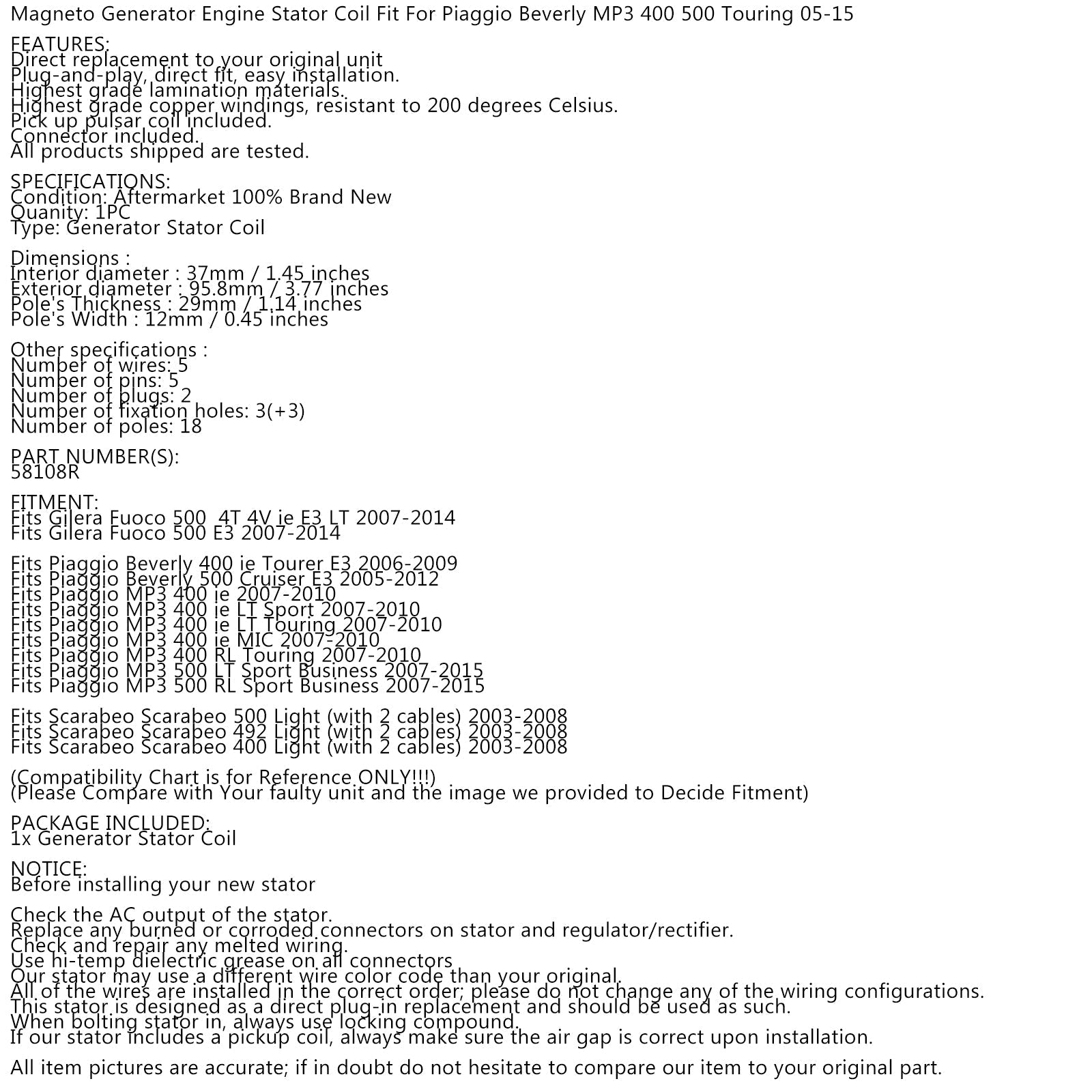 Statorgenerator för Piaggio Scarabeo Fuoco Beverly MP3 400 500 07-15 58108R