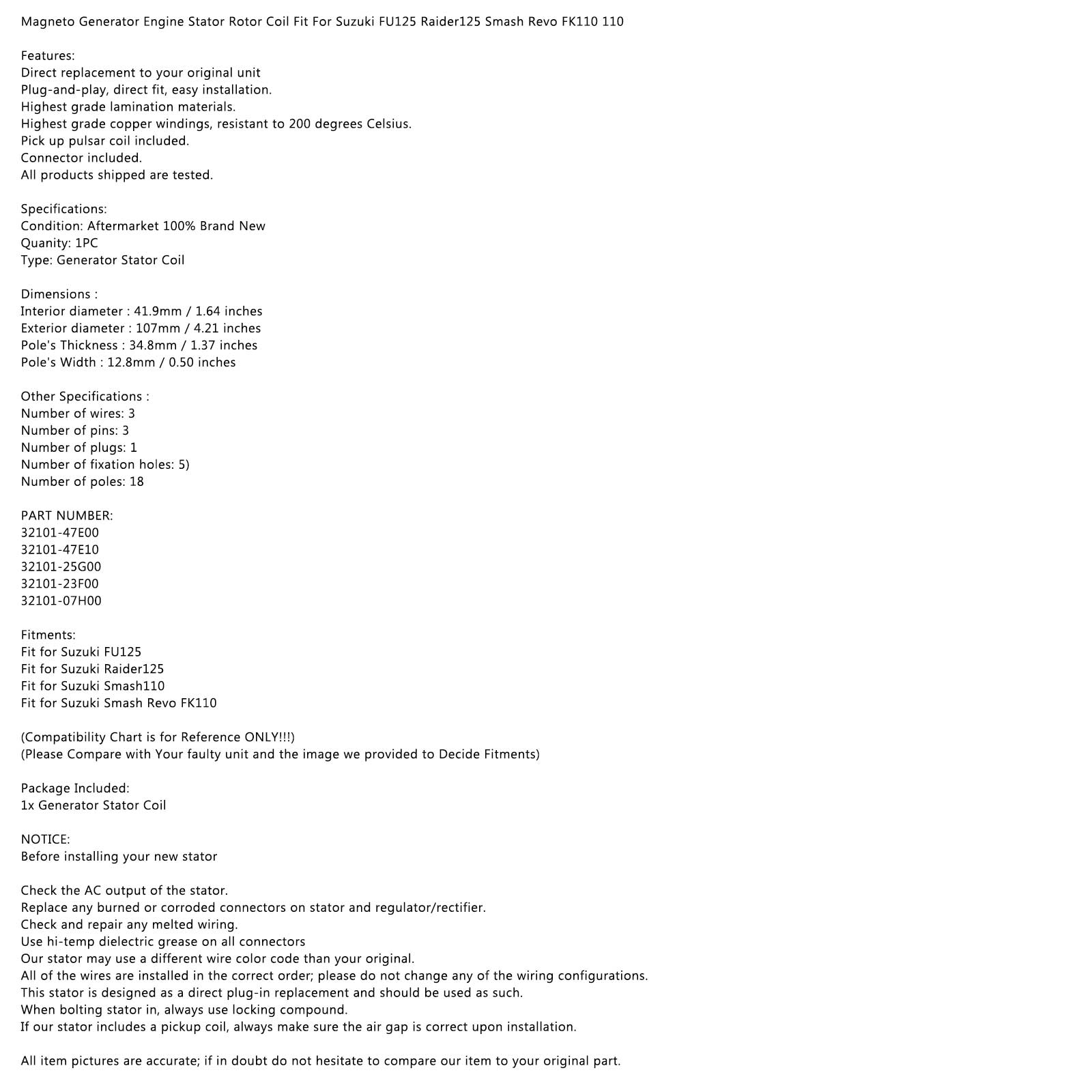 Areyourshop generator generator stator passform för suzuki fu 125 raider r smash revo fk 110