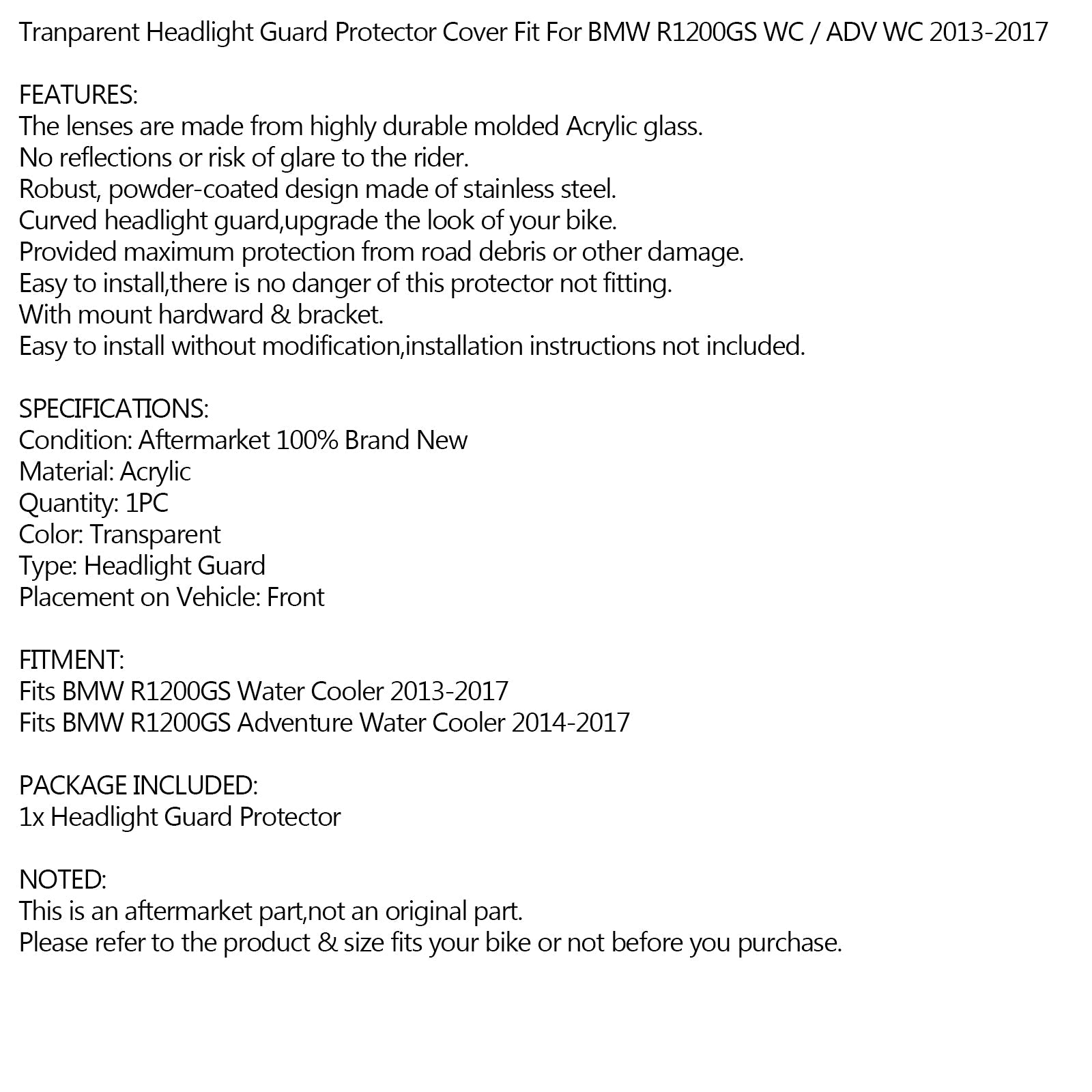 Protector de faros transparente para BMW R1200GS Adventure/WC 2013-2017 Genérico