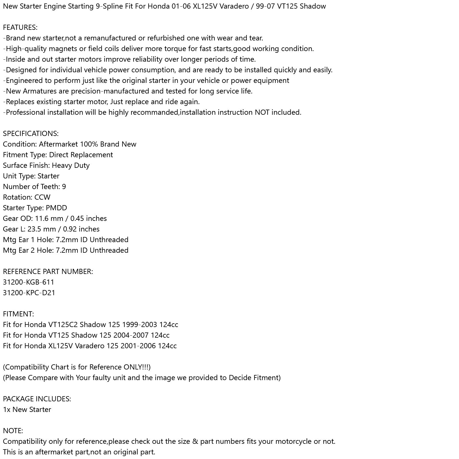 Startermotor Start Fit för Honda XL 125V Vardero 01-06 VT 125 Shadow 99-07 Generic