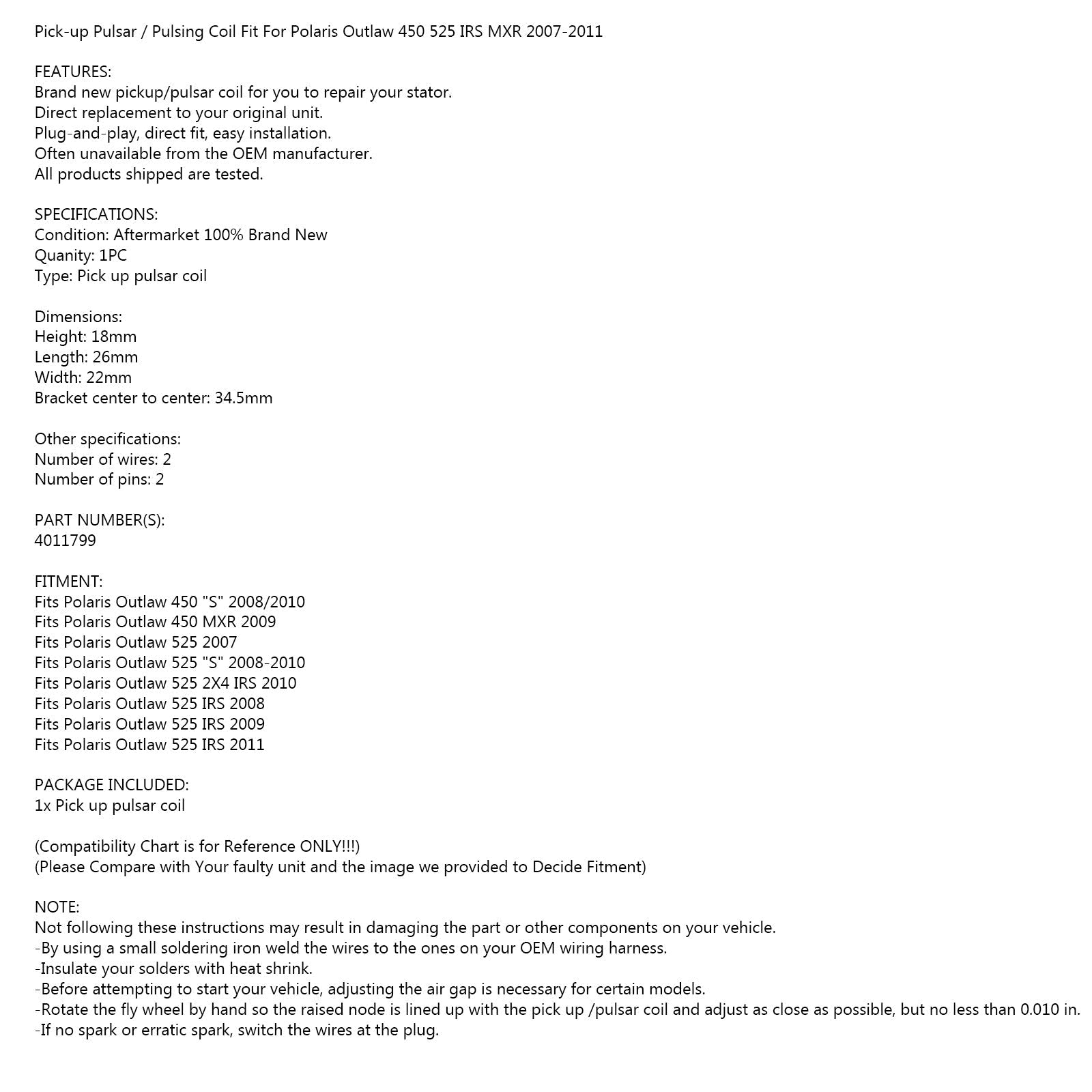 Senzor pick-up Coil Fit for Polaris Outlaw 450 525 MXR IRS S MXR 07-11 4011799