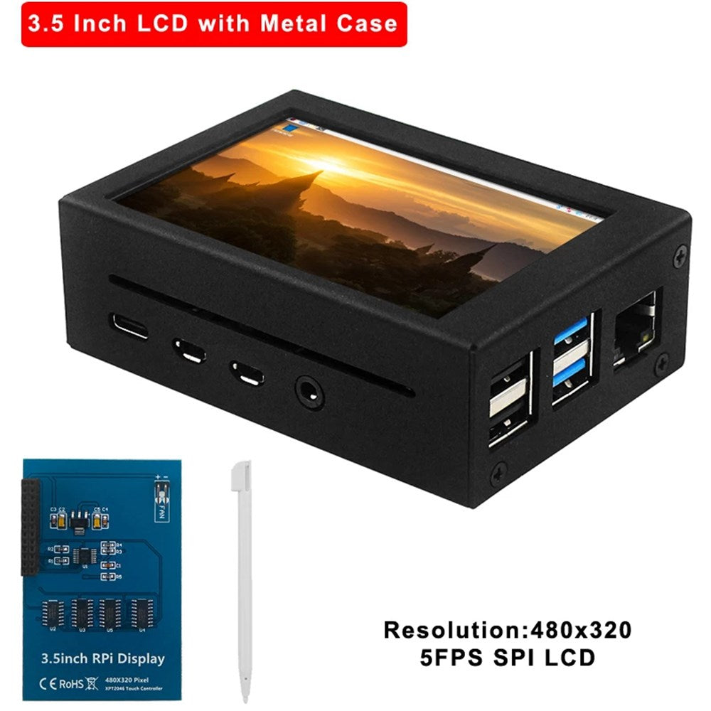 Caja de aleación de aluminio con pantalla de 3,5 pulgadas + pantalla LCD apta para Raspberry Pi 4 Modelo B