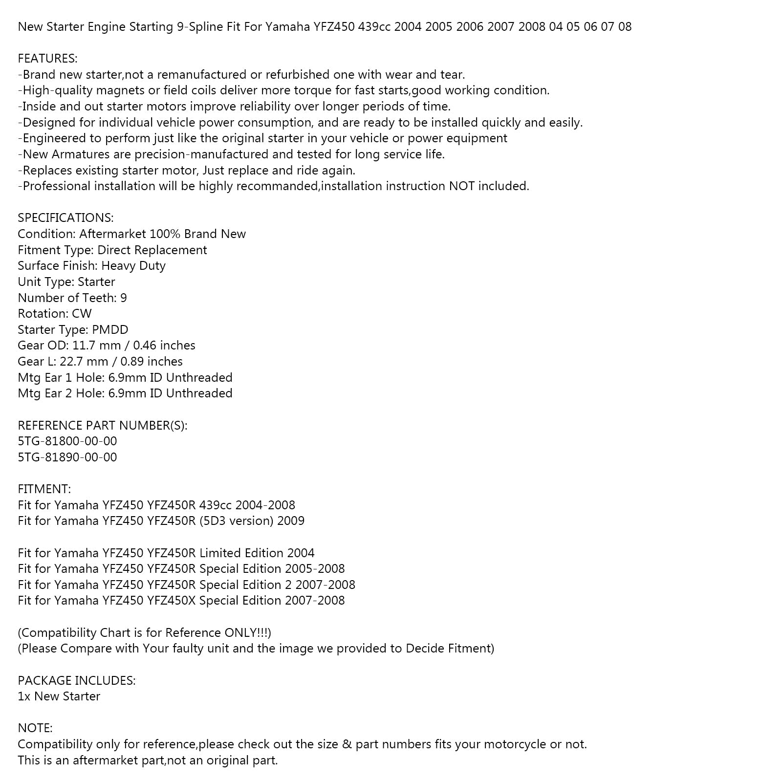 2007-2008 Yamaha YFZ450 YFZ450R Édition Spéciale 2 Nouveau Démarreur Démarrage 9 Cannelures 5TG-81800-00-00